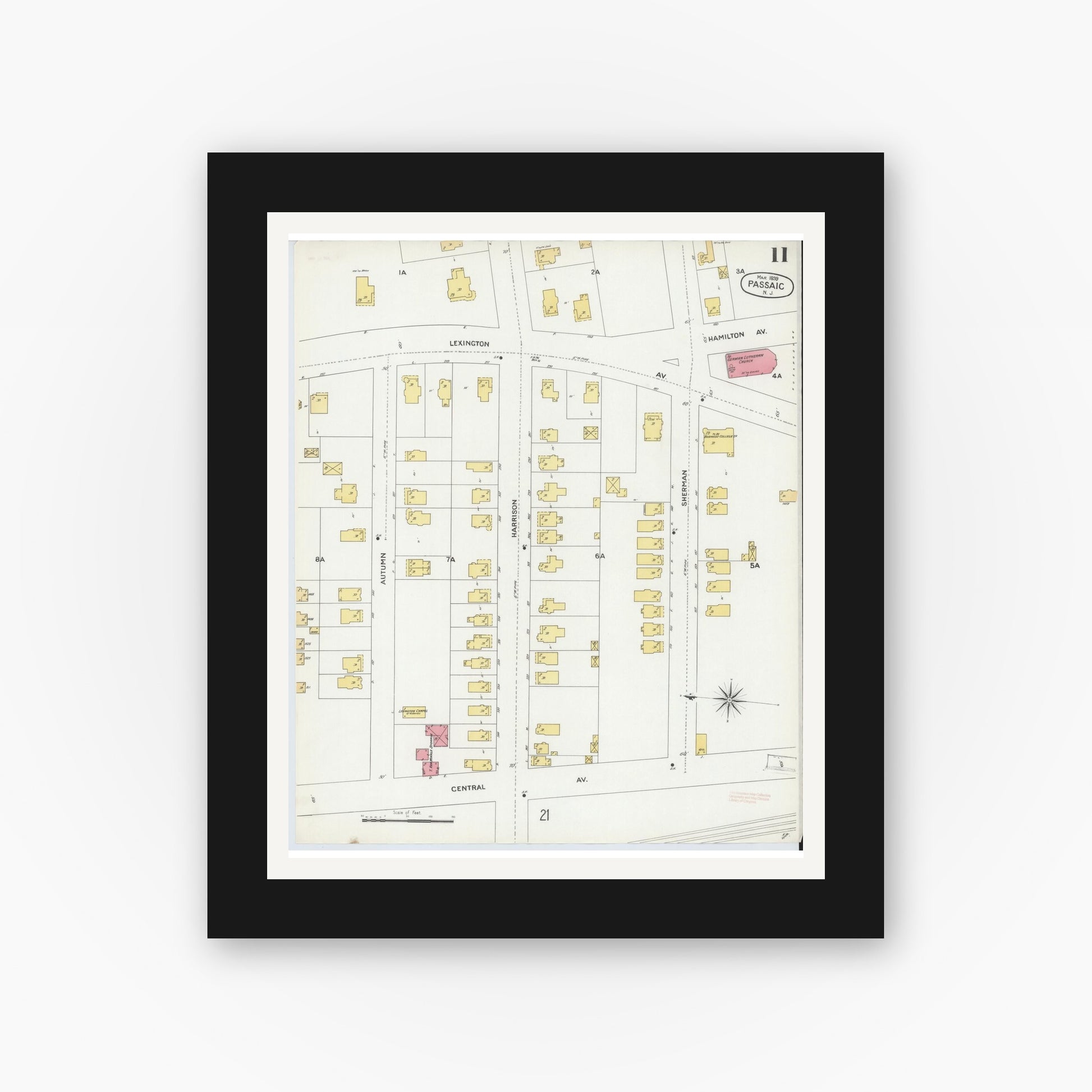 Old map wall art mockup — black gallery frame with white mat — Sanborn Fire Insurance Map from Passaic, Passaic County, New Jersey (1899), Sheet #0011