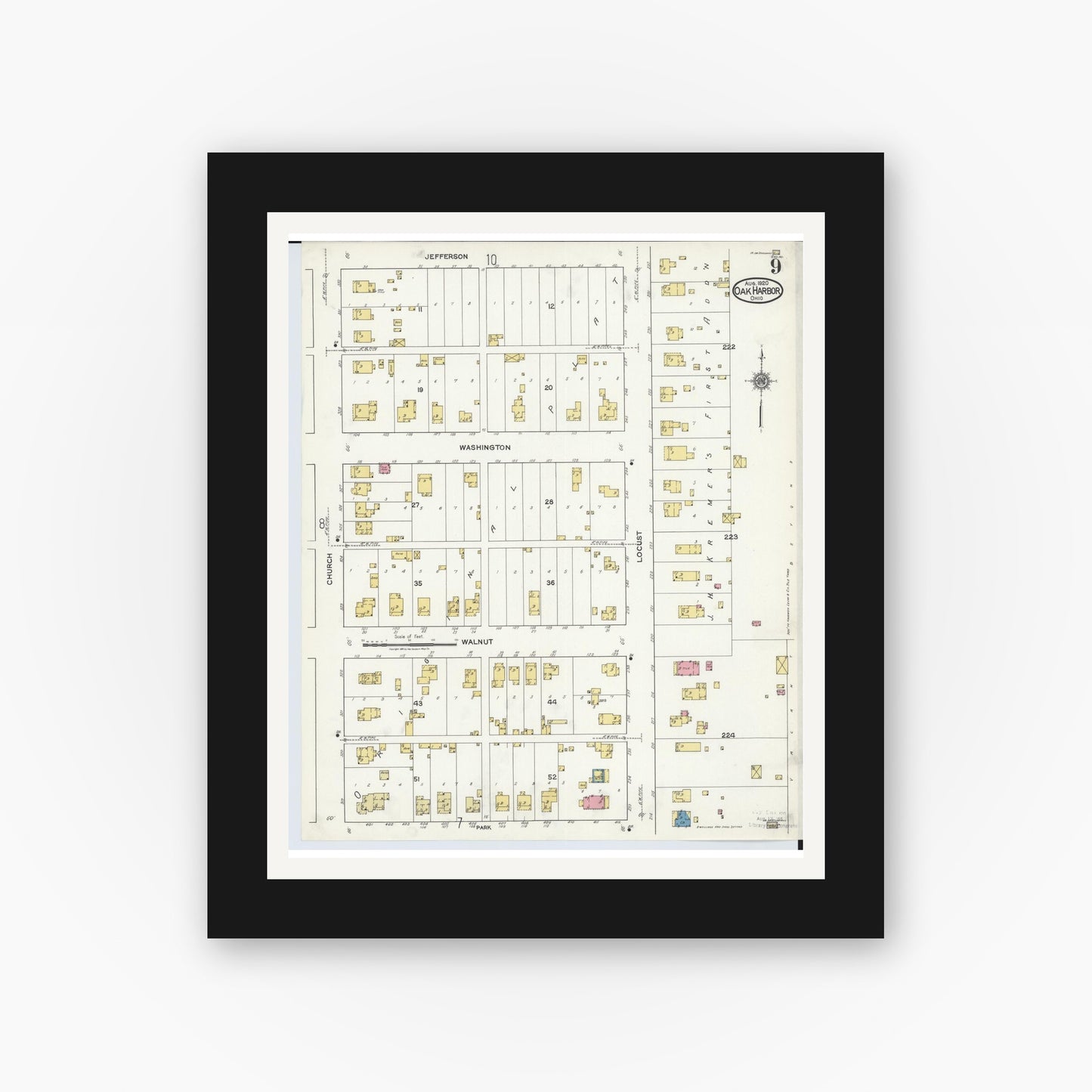 Old map wall art mockup — black gallery frame with white mat — Sanborn Fire Insurance Map from Oak Harbor, Ottawa County, Ohio (1920), Sheet #0009