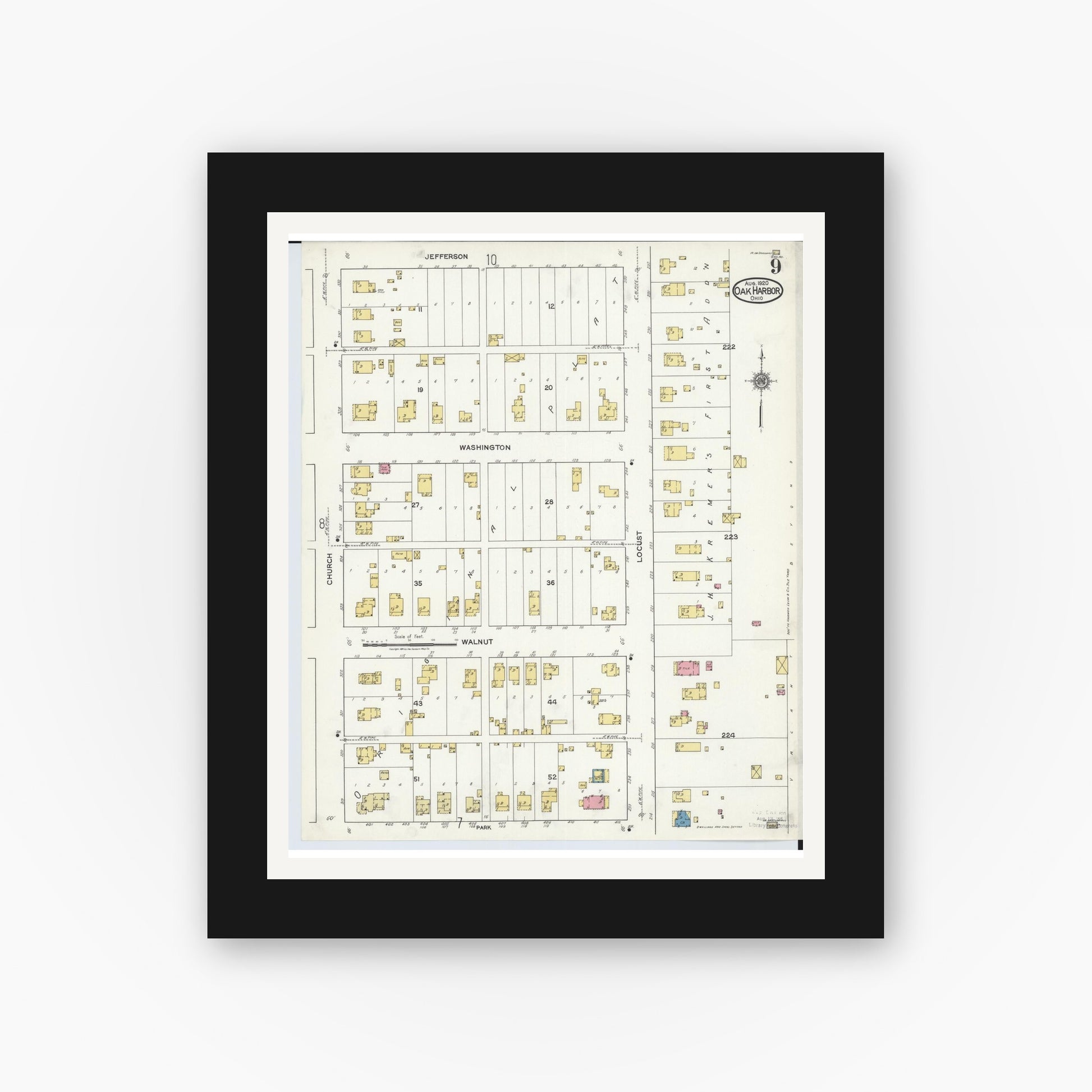 Old map wall art mockup — black gallery frame with white mat — Sanborn Fire Insurance Map from Oak Harbor, Ottawa County, Ohio (1920), Sheet #0009