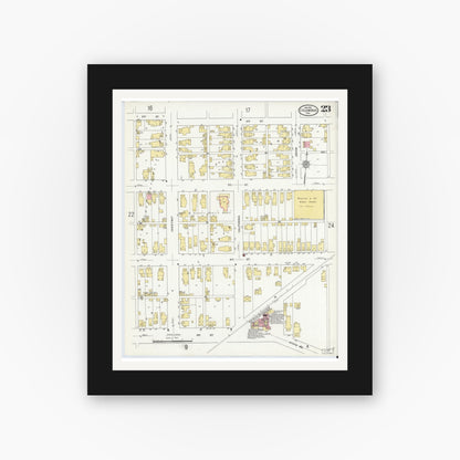 Old map wall art mockup — black gallery frame with white mat — Sanborn Fire Insurance Map from Columbus, Bartholomew County, Indiana (1912), Sheet #0023