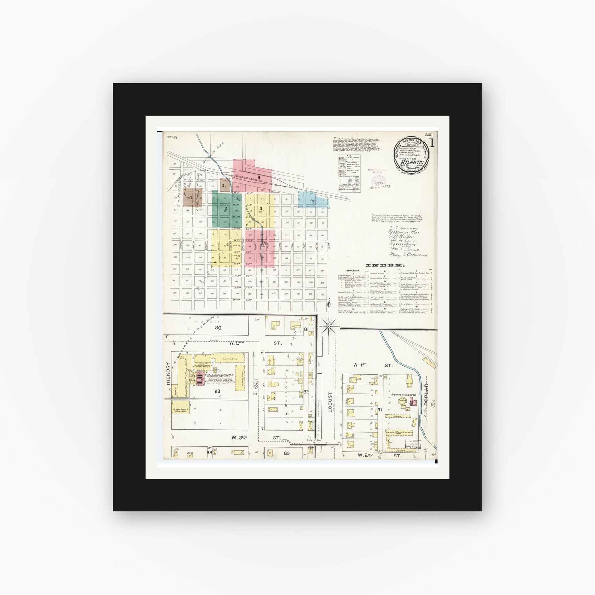 Old map wall art mockup — black gallery frame with white mat — Sanborn Fire Insurance Map from Atlantic, Cass County, Iowa (1893), Sheet #0001