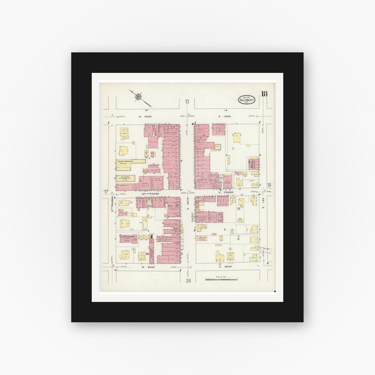 Old map wall art mockup — black gallery frame with white mat — Sanborn Fire Insurance Map from Salisbury, Rowan County, North Carolina (1913), Sheet #0018