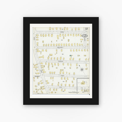 Old map wall art mockup — black gallery frame with white mat — Sanborn Fire Insurance Map from Malden, Middlesex County, Massachusetts (1892), Sheet #0017