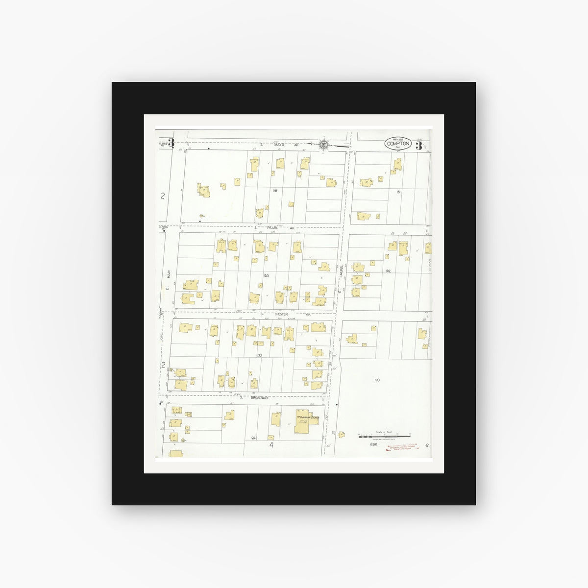 Old map wall art mockup — black gallery frame with white mat — Sanborn Fire Insurance Map from Compton, Los Angeles County, California (1925), Sheet #0003