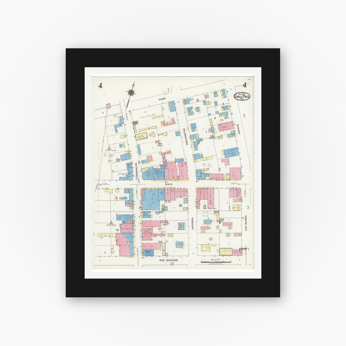 Old map wall art mockup — black gallery frame with white mat — Sanborn Fire Insurance Map from Eagle Pass, Maverick County, Texas (1924), Sheet #0004
