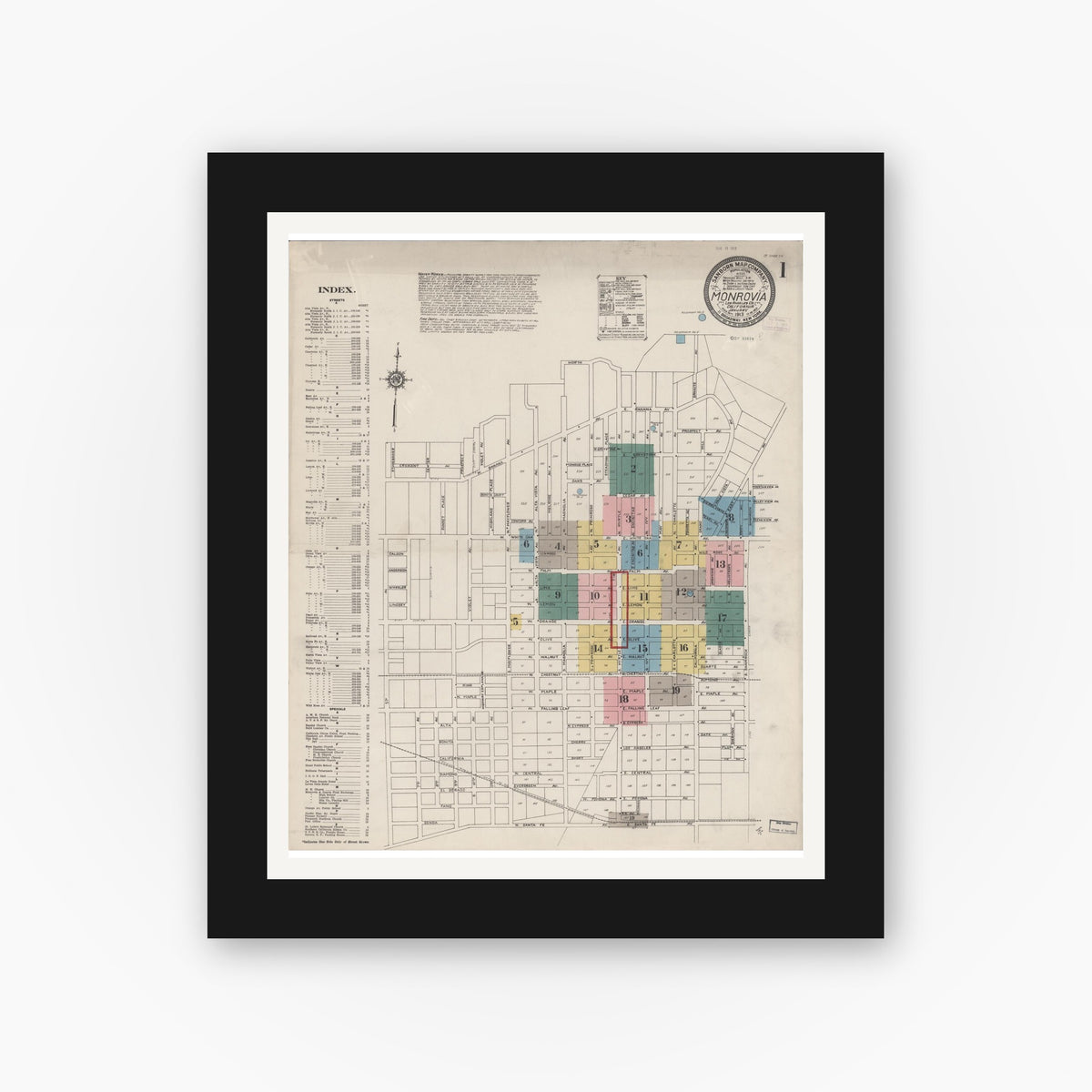 Old map wall art mockup — black gallery frame with white mat — Sanborn Fire Insurance Map from Monrovia, Los Angeles County, California (1913) - Complete Map Set