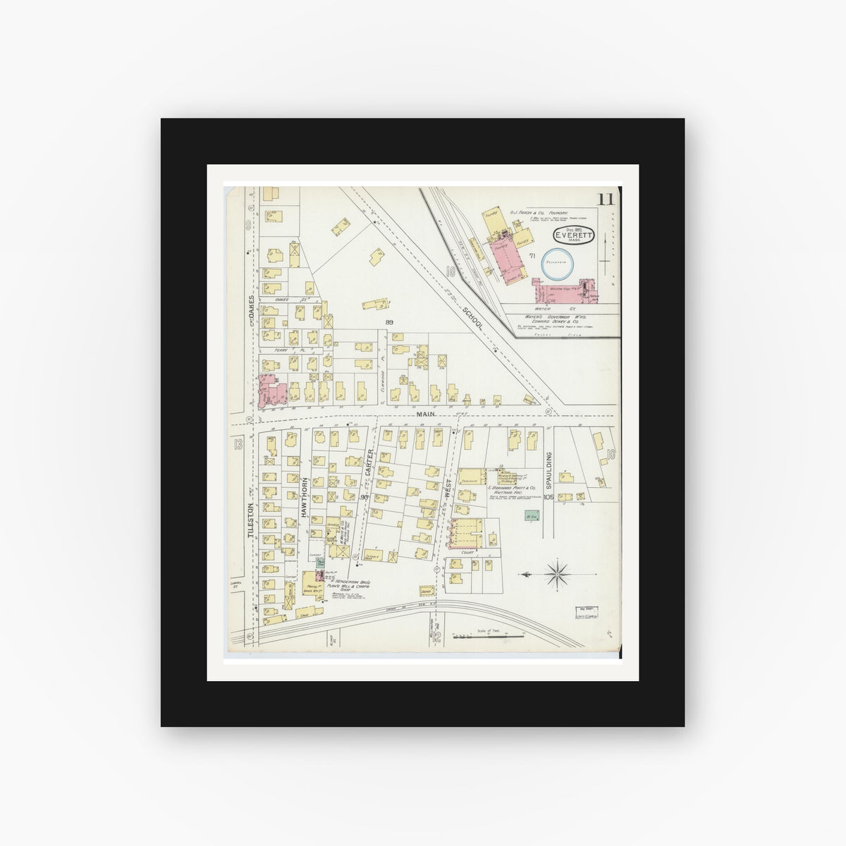 Old map wall art mockup — black gallery frame with white mat — Sanborn Fire Insurance Map from Everett, Middlesex County, Massachusetts (1892), Sheet #0011