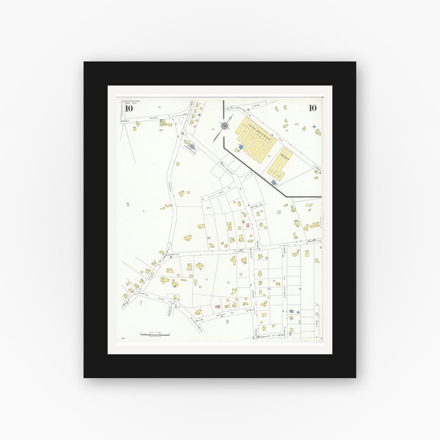 Old map wall art mockup — black gallery frame with white mat — Sanborn Fire Insurance Map from Lexington, Middlesex County, Massachusetts (1935), Sheet #0010