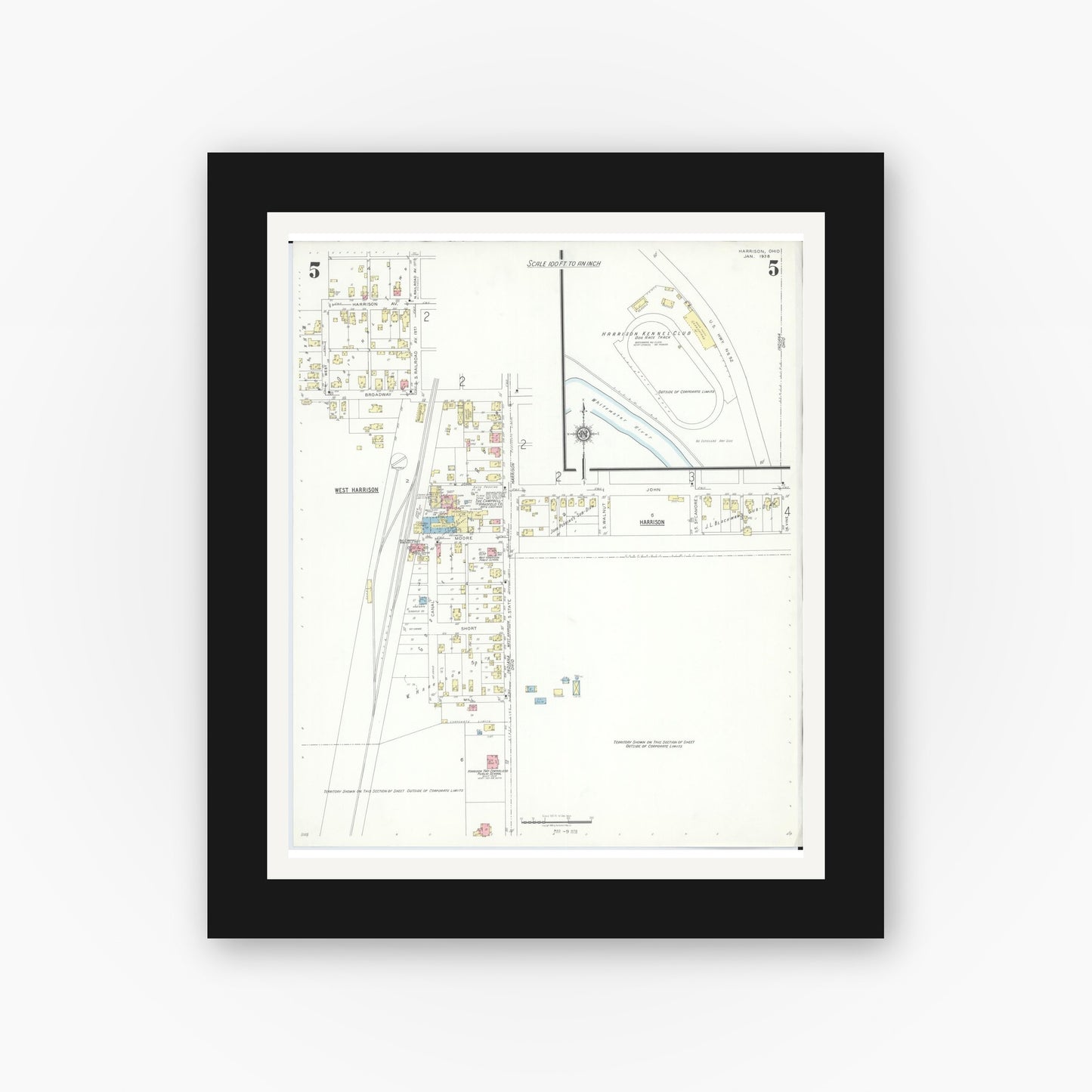 Old map wall art mockup — black gallery frame with white mat — Sanborn Fire Insurance Map from Harrison, Hamilton County, Ohio (1938), Sheet #0005