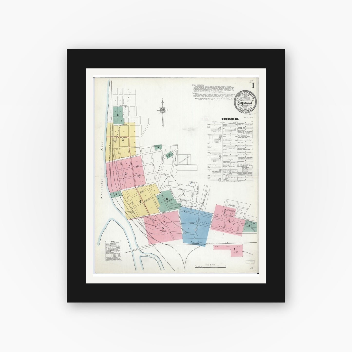 Old map wall art mockup — black gallery frame with white mat — Sanborn Fire Insurance Map from Savanna, Carroll County, Illinois (1912) - Complete Map Set