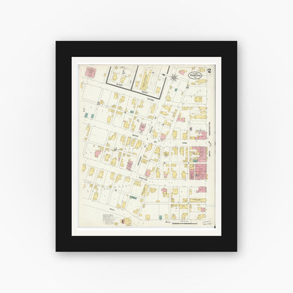 Old map wall art mockup — black gallery frame with white mat — Sanborn Fire Insurance Map from Plainfield, Hendricks County, Indiana (1907), Sheet #0002