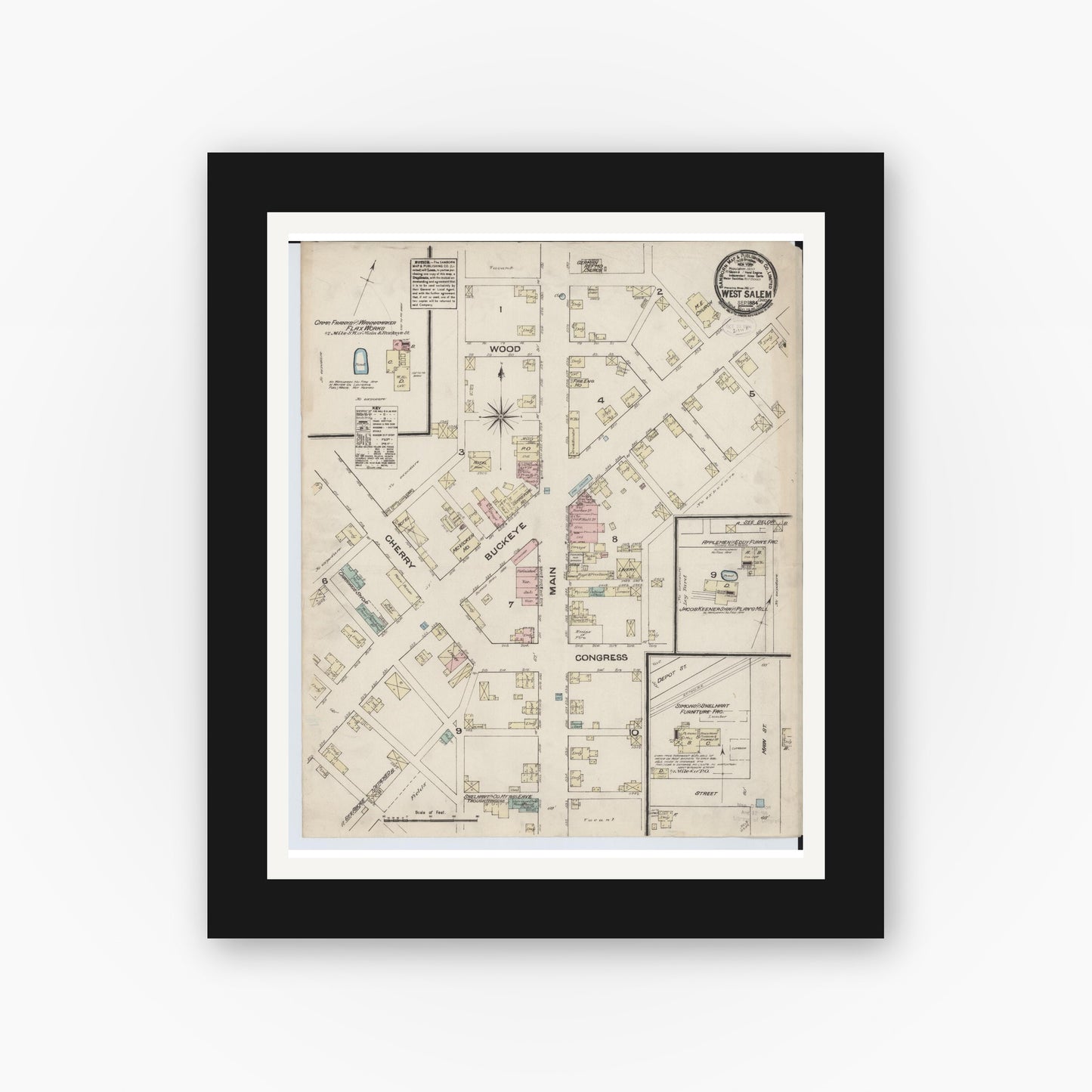 Old map wall art mockup — black gallery frame with white mat — Sanborn Fire Insurance Map from West Salem, Wayne County, Ohio (1884), Sheet #0001