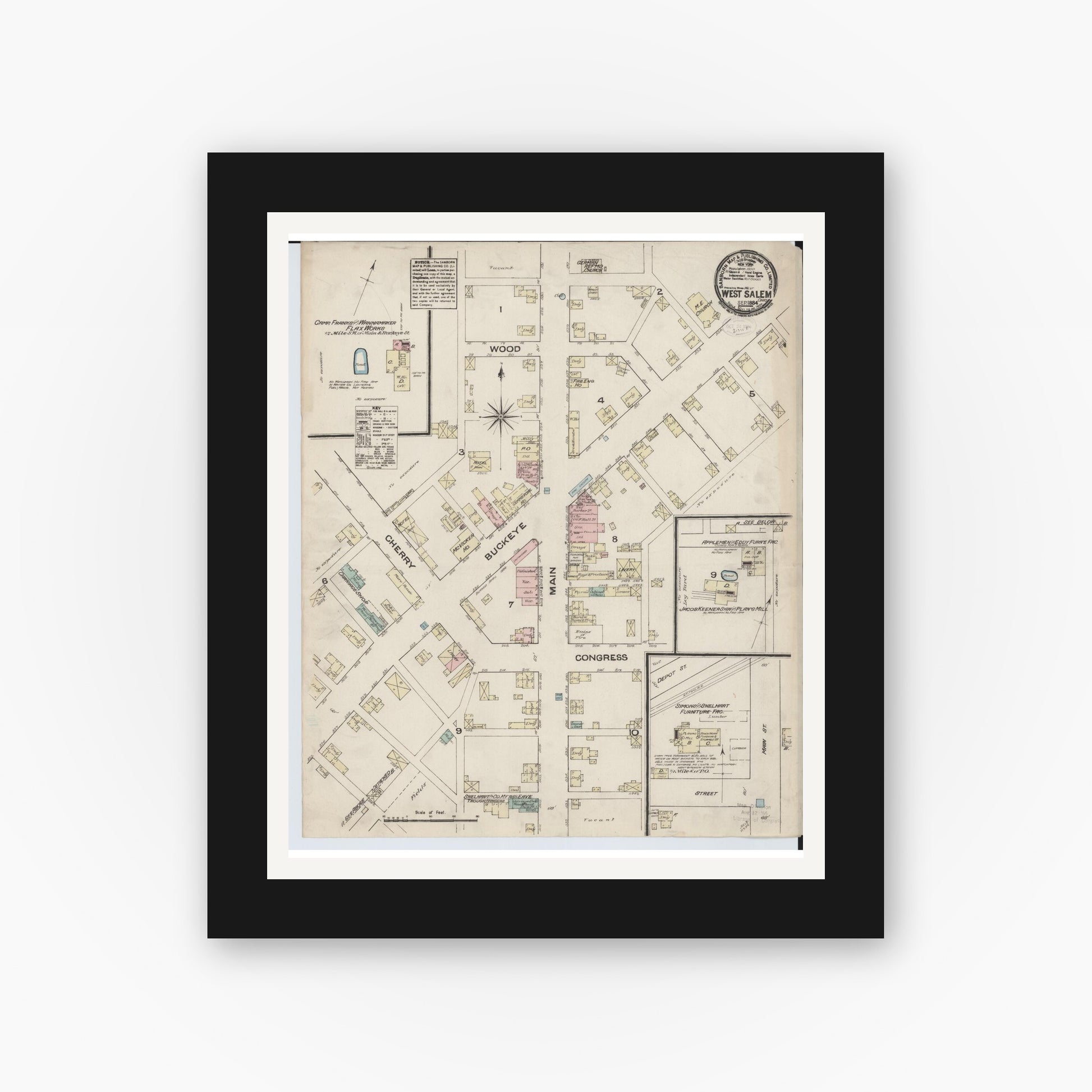 Old map wall art mockup — black gallery frame with white mat — Sanborn Fire Insurance Map from West Salem, Wayne County, Ohio (1884), Sheet #0001