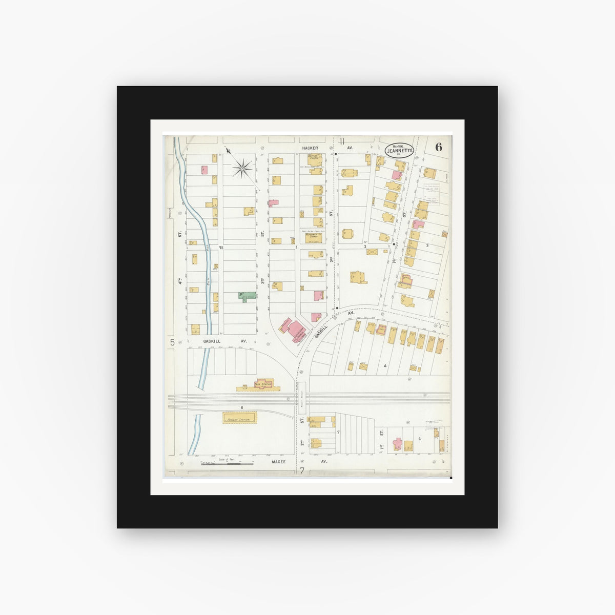 Old map wall art mockup — black gallery frame with white mat — Sanborn Fire Insurance Map from Jeannette, Westmoreland County, Pennsylvania (1900), Sheet #0006