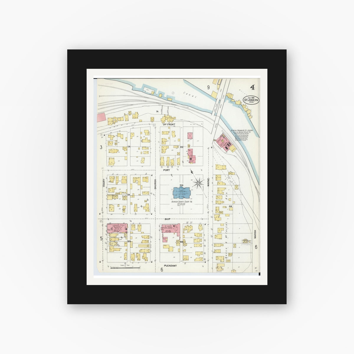 Old map wall art mockup — black gallery frame with white mat — Sanborn Fire Insurance Map from Saint Joseph, Berrien County, Michigan (1902), Sheet #0004