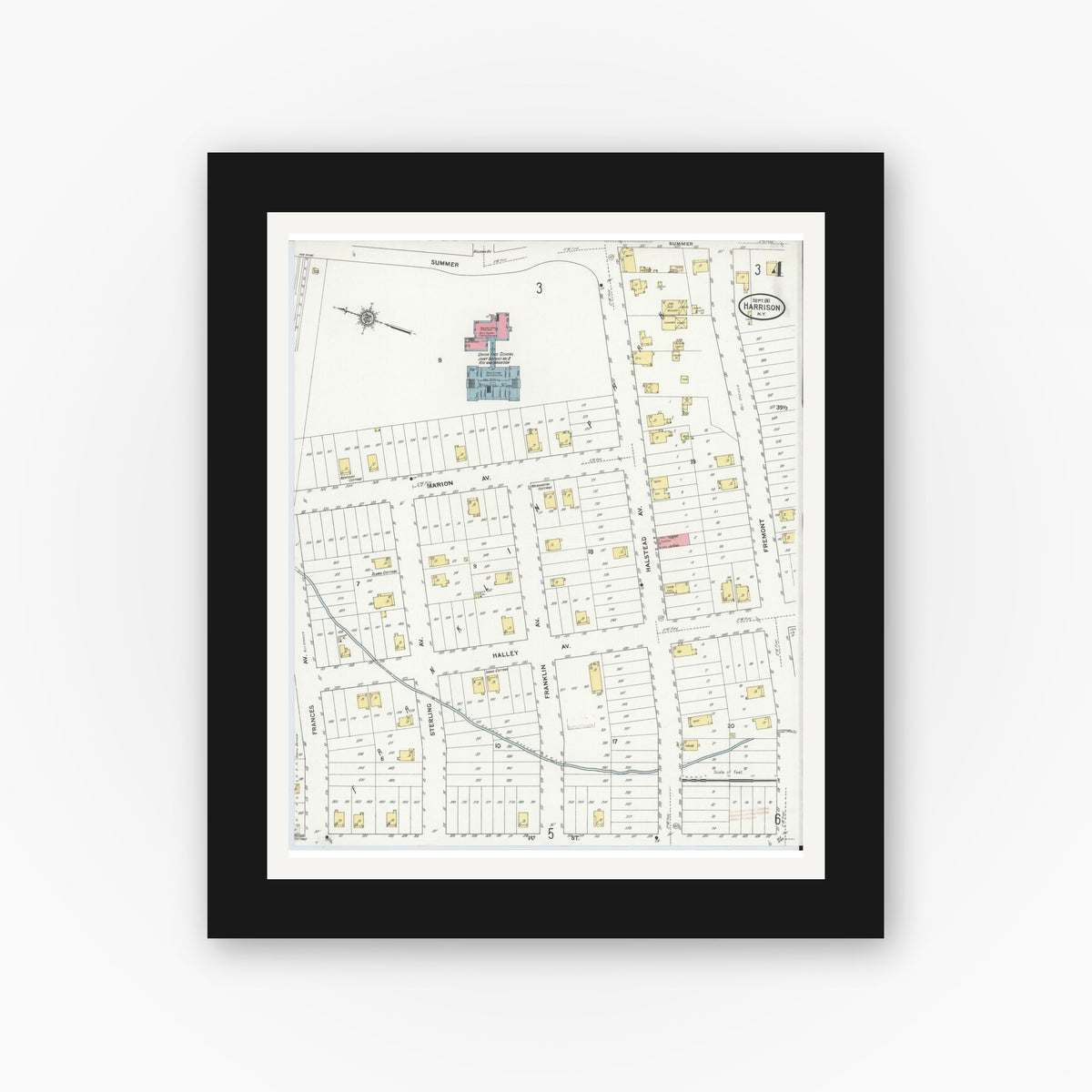 Old map wall art mockup — black gallery frame with white mat — Sanborn Fire Insurance Map from Harrison, Westchester County, New York (1911), Sheet #0004