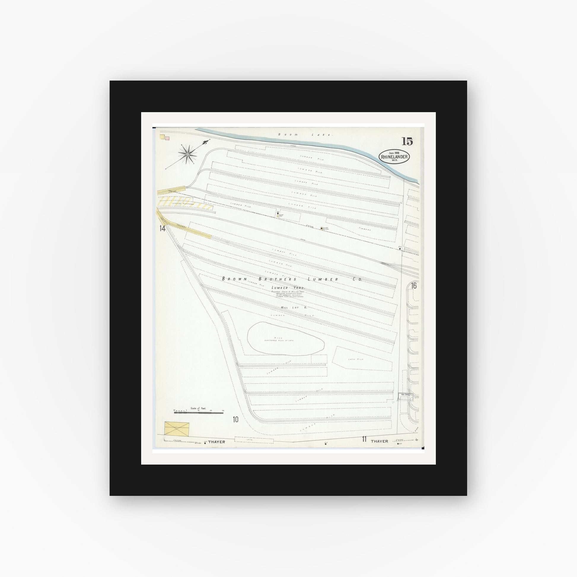 Old map wall art mockup — black gallery frame with white mat — Sanborn Fire Insurance Map from Rhinelander, Oneida County, Wisconsin (1908), Sheet #0015