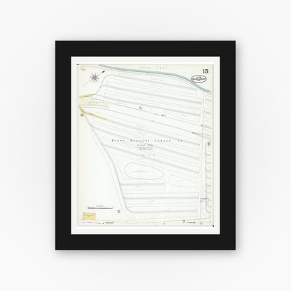 Old map wall art mockup — black gallery frame with white mat — Sanborn Fire Insurance Map from Rhinelander, Oneida County, Wisconsin (1908), Sheet #0015