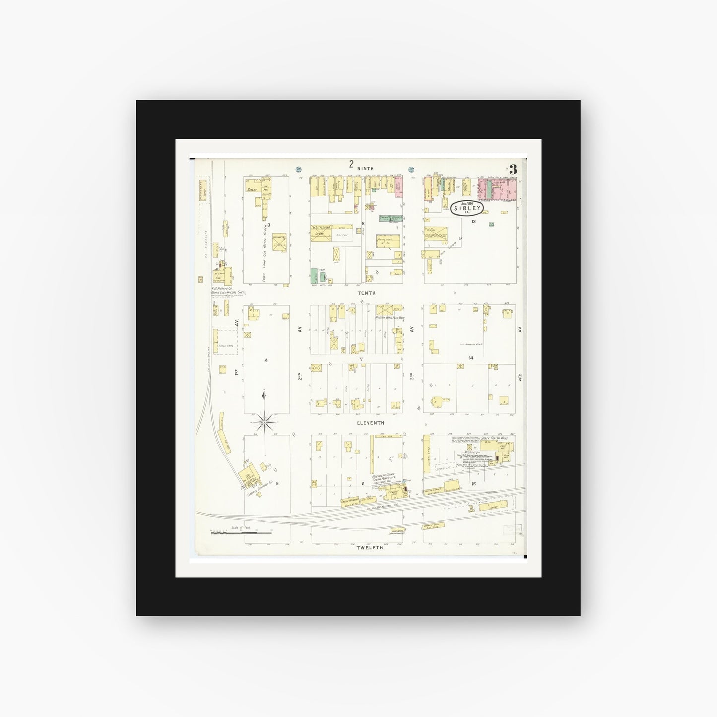 Old map wall art mockup — black gallery frame with white mat — Sanborn Fire Insurance Map from Sibley, Osceola County, Iowa (1896), Sheet #0003