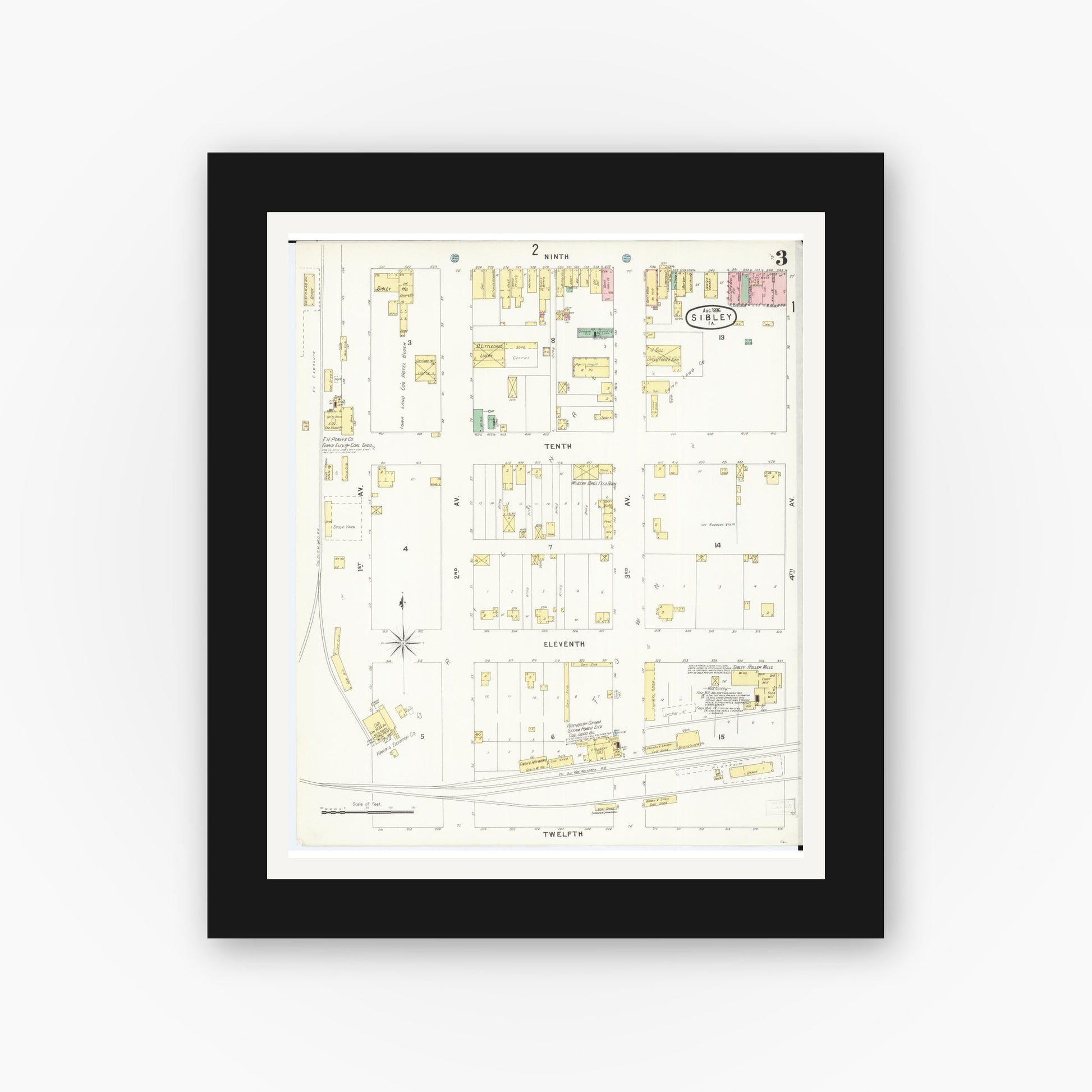 Old map wall art mockup — black gallery frame with white mat — Sanborn Fire Insurance Map from Sibley, Osceola County, Iowa (1896), Sheet #0003