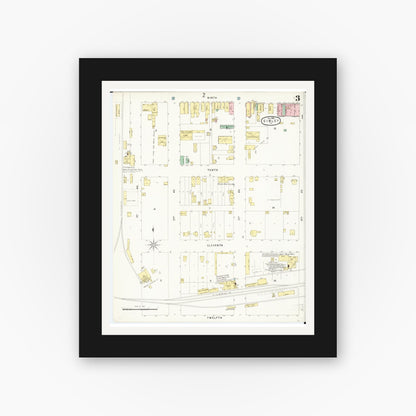 Old map wall art mockup — black gallery frame with white mat — Sanborn Fire Insurance Map from Sibley, Osceola County, Iowa (1896), Sheet #0003
