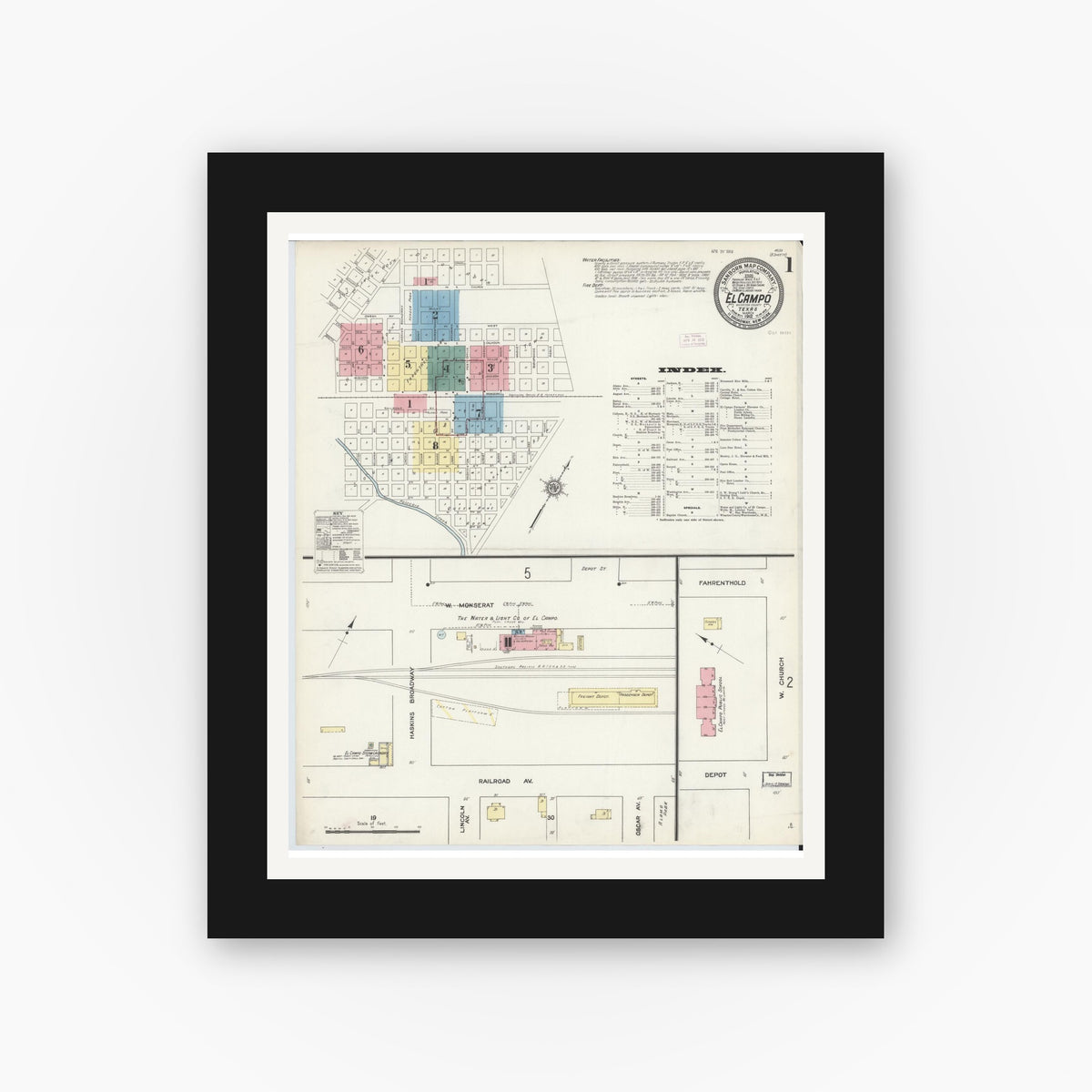 Old map wall art mockup — black gallery frame with white mat — Sanborn Fire Insurance Map from El Campo, Wharton County, Texas (1912), Sheet #0001