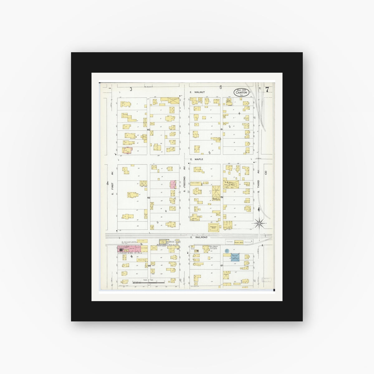 Old map wall art mockup — black gallery frame with white mat — Sanborn Fire Insurance Map from Canton, Fulton County, Illinois (1909), Sheet #0007