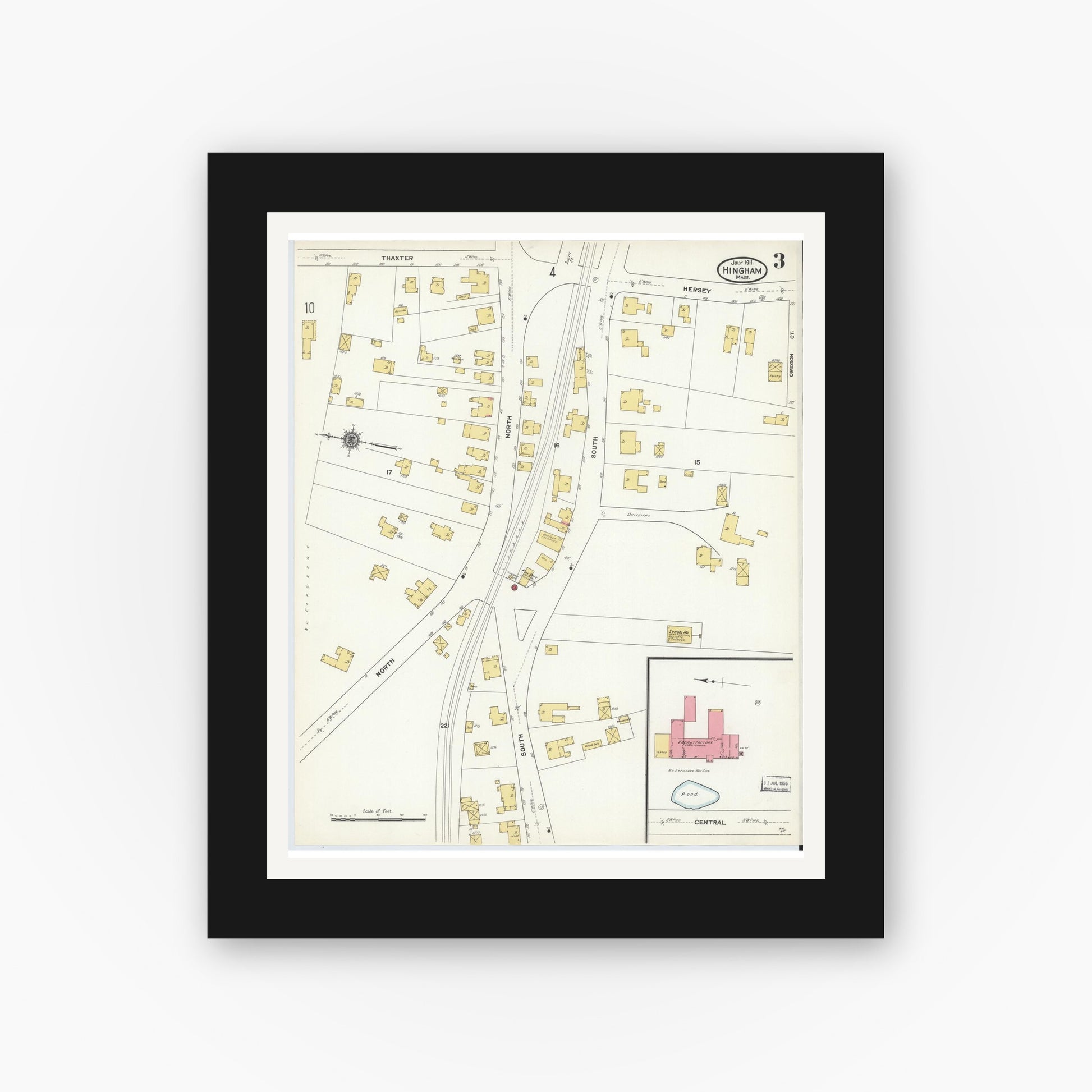 Old map wall art mockup — black gallery frame with white mat — Sanborn Fire Insurance Map from Hingham, Plymouth County, Massachusetts (1911), Sheet #0003