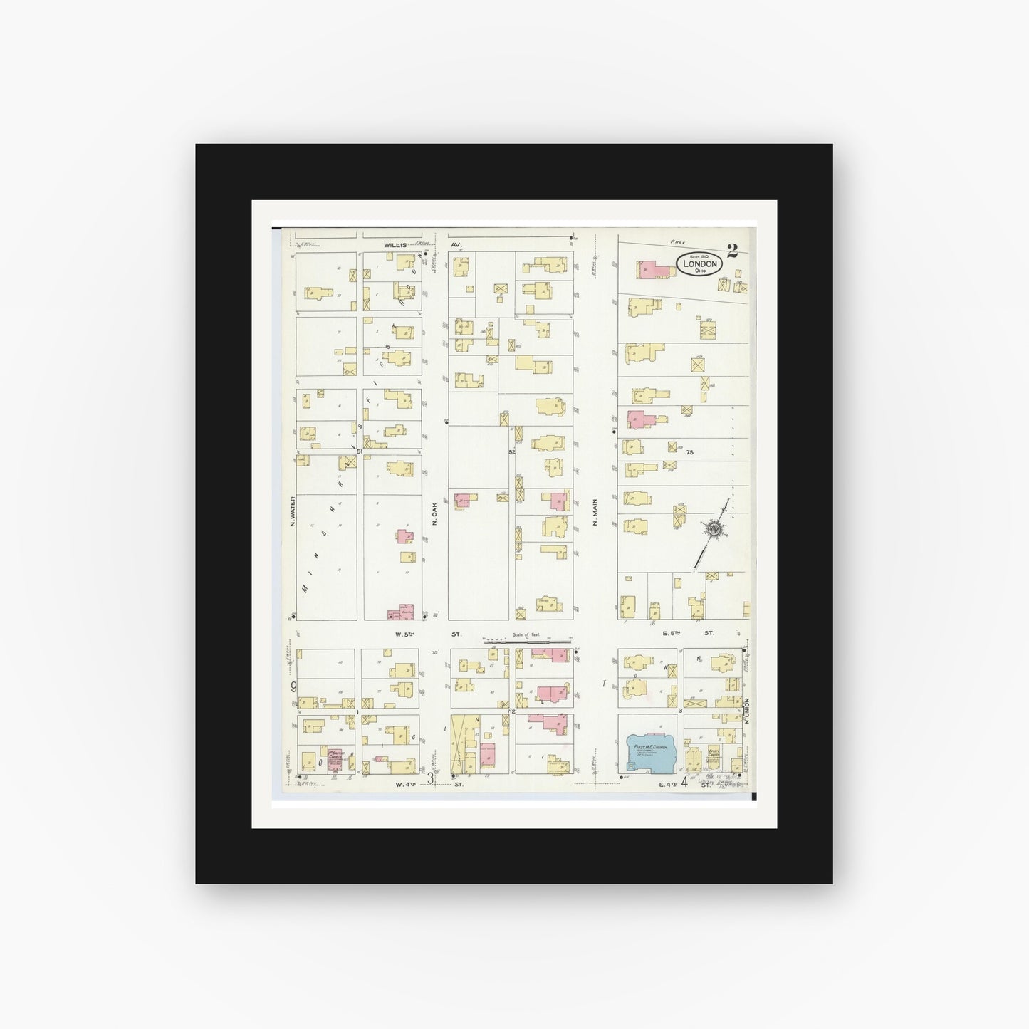 Old map wall art mockup — black gallery frame with white mat — Sanborn Fire Insurance Map from London, Madison County, Ohio (1910), Sheet #0002