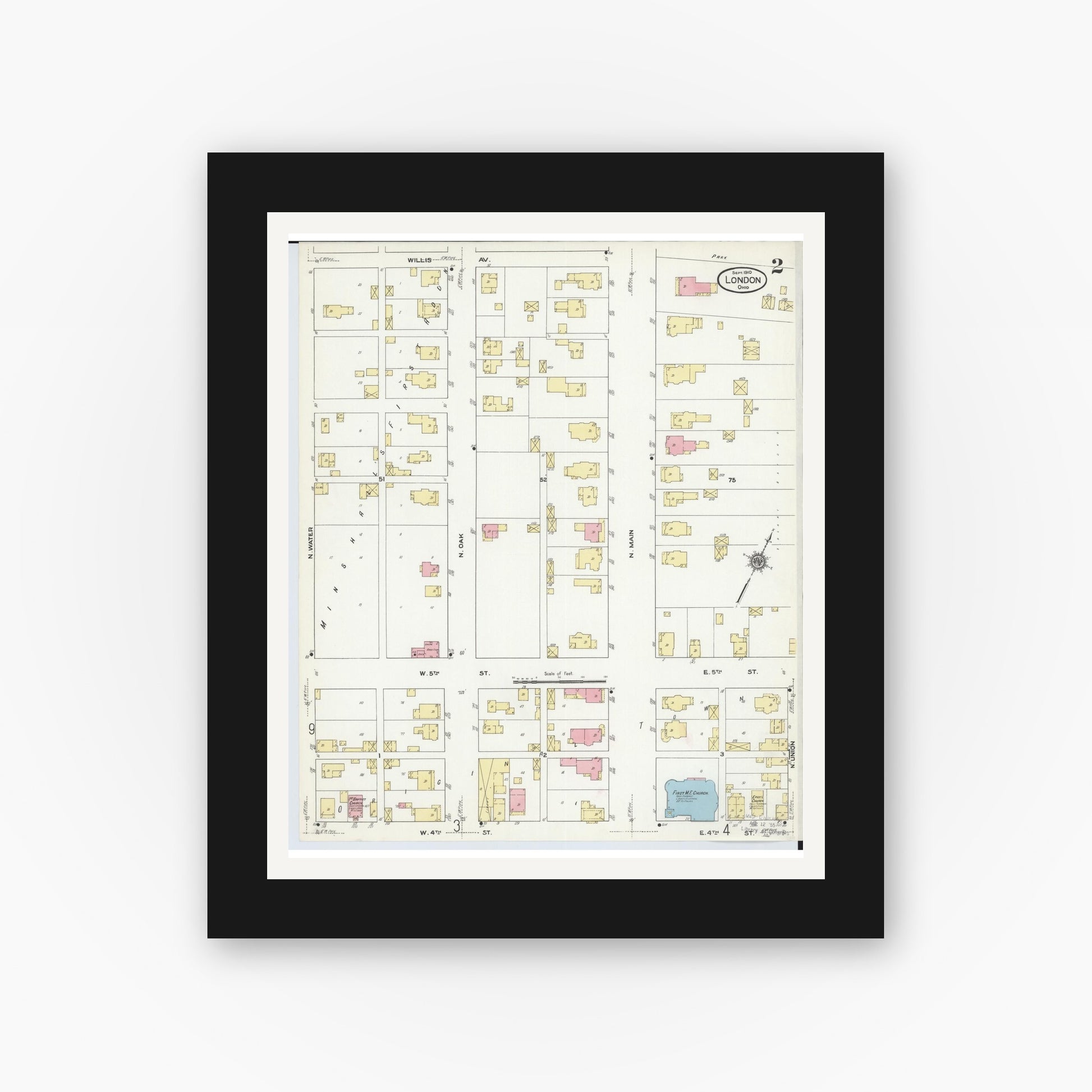 Old map wall art mockup — black gallery frame with white mat — Sanborn Fire Insurance Map from London, Madison County, Ohio (1910), Sheet #0002