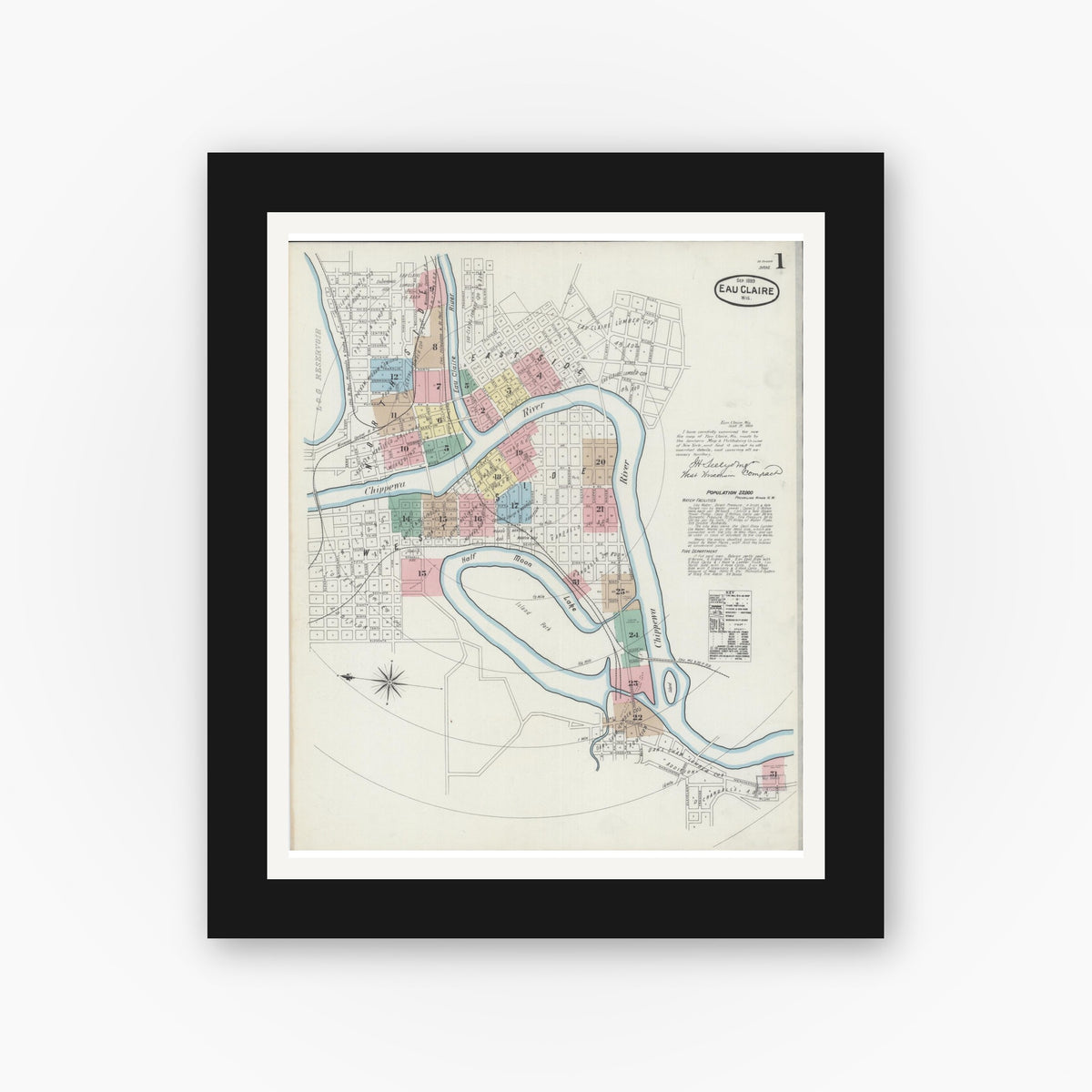 Old map wall art mockup — black gallery frame with white mat — Sanborn Fire Insurance Map from Eau Claire, Eau Claire County, Wisconsin (1889) - Complete Map Set