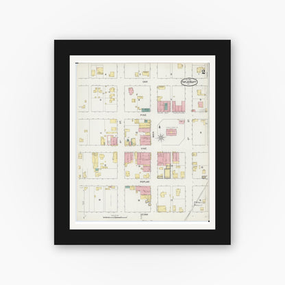 Old map wall art mockup — black gallery frame with white mat — Sanborn Fire Insurance Map from Poplar Bluff, Butler County, Missouri (1892), Sheet #0002