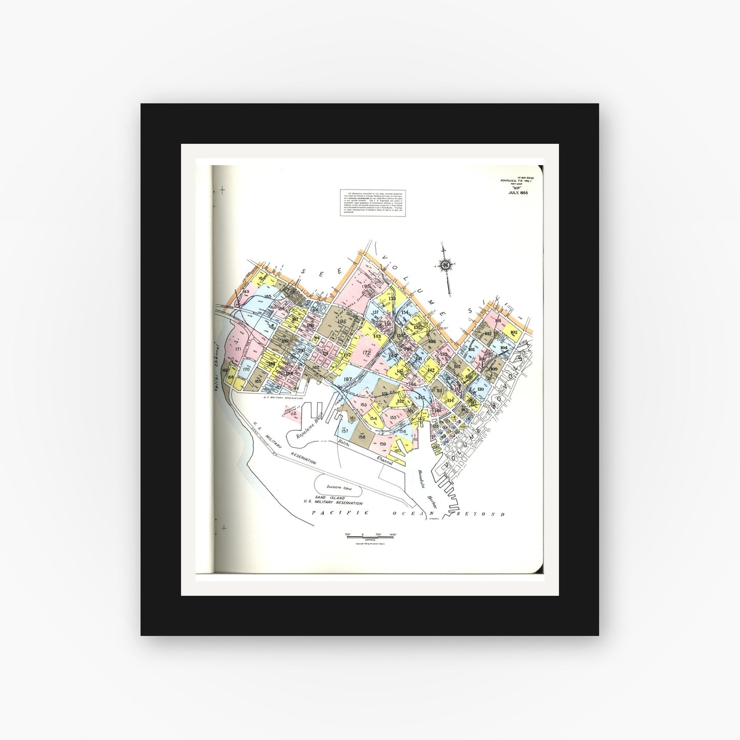 Old map wall art mockup — black gallery frame with white mat — Sanborn Fire Insurance Map from Honolulu, Oahu County, Hawaii (1955), Sheet #0001