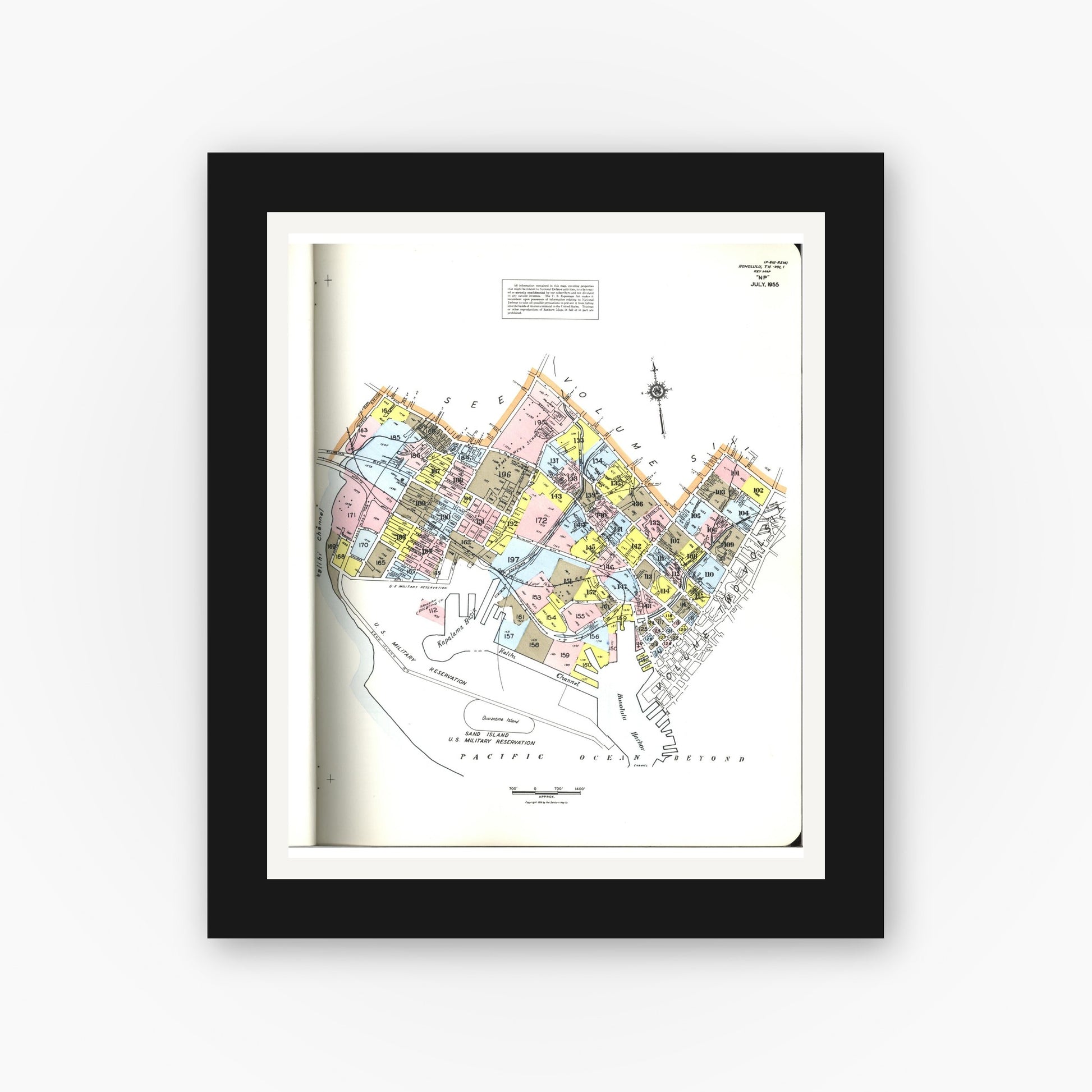Old map wall art mockup — black gallery frame with white mat — Sanborn Fire Insurance Map from Honolulu, Oahu County, Hawaii (1955), Sheet #0001