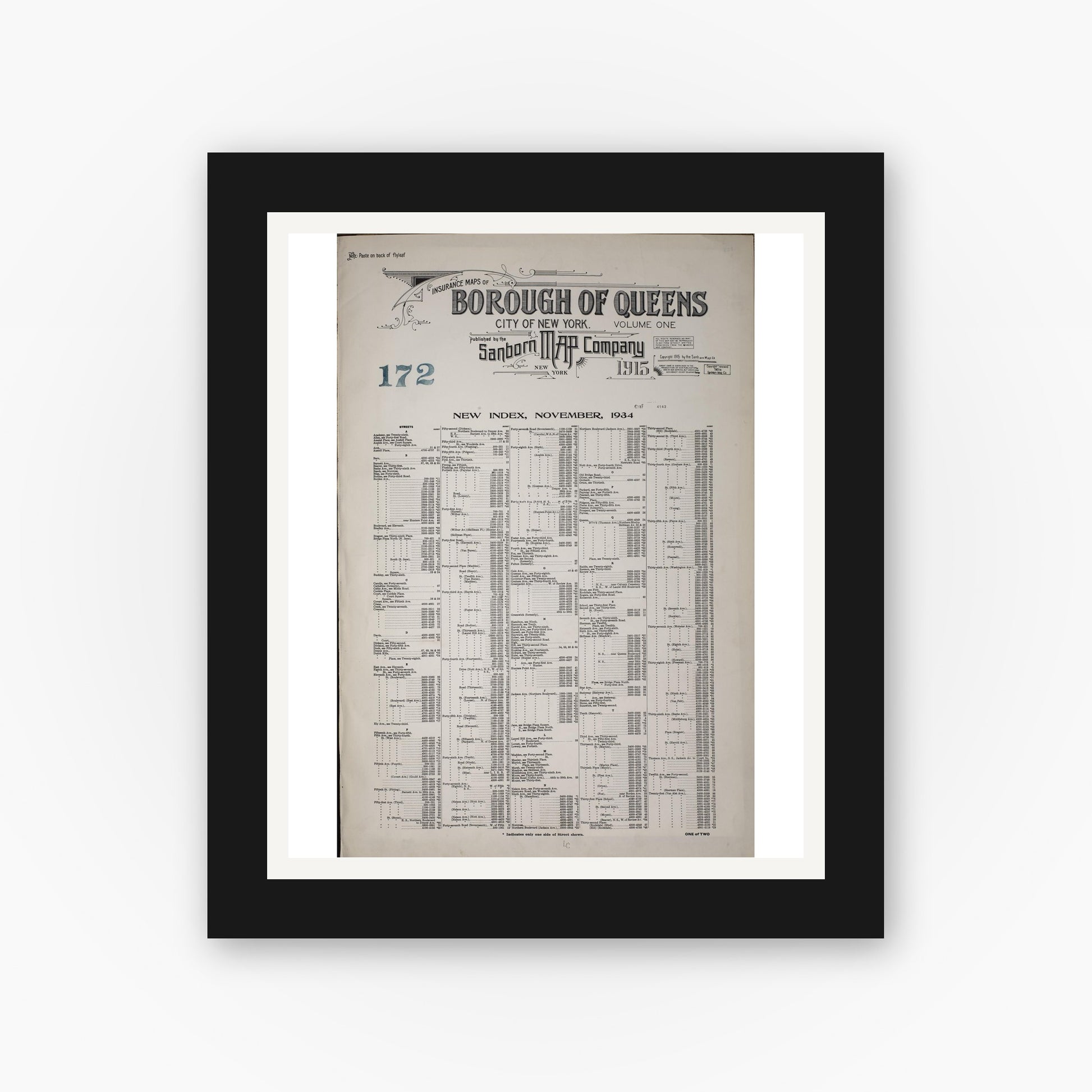 Old map wall art mockup — black gallery frame with white mat — Sanborn Fire Insurance Map from Queens, Queens County, New York (1947), Sheet #0001