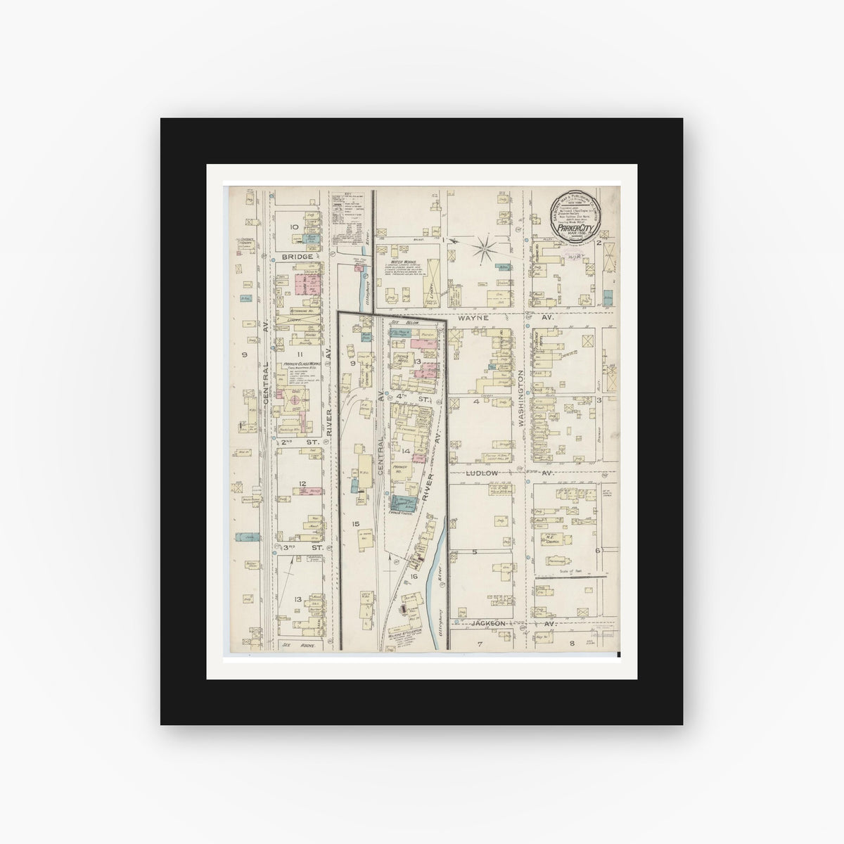Old map wall art mockup — black gallery frame with white mat — Sanborn Fire Insurance Map from Parkers Landing, Armstrong County, Pennsylvania (1886), Sheet #0001