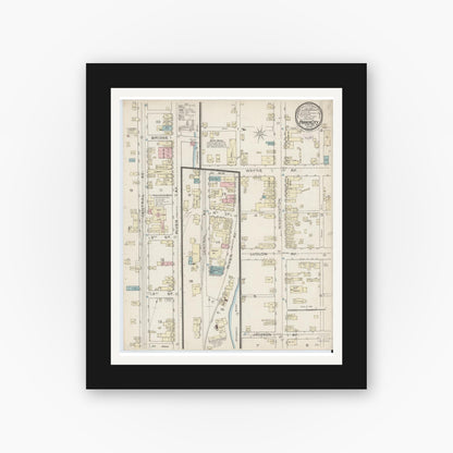 Old map wall art mockup — black gallery frame with white mat — Sanborn Fire Insurance Map from Parkers Landing, Armstrong County, Pennsylvania (1886), Sheet #0001
