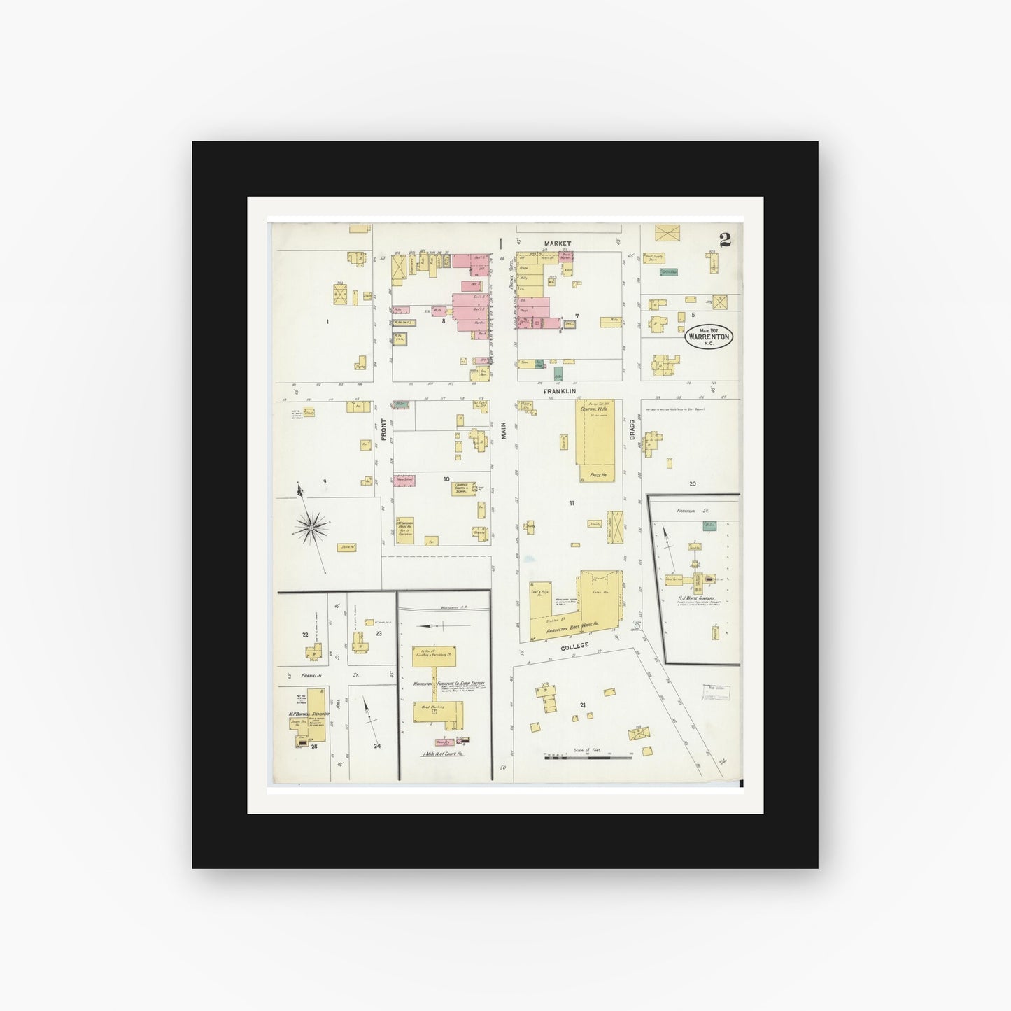 Old map wall art mockup — black gallery frame with white mat — Sanborn Fire Insurance Map from Warrenton, Warren County, North Carolina (1907), Sheet #0002