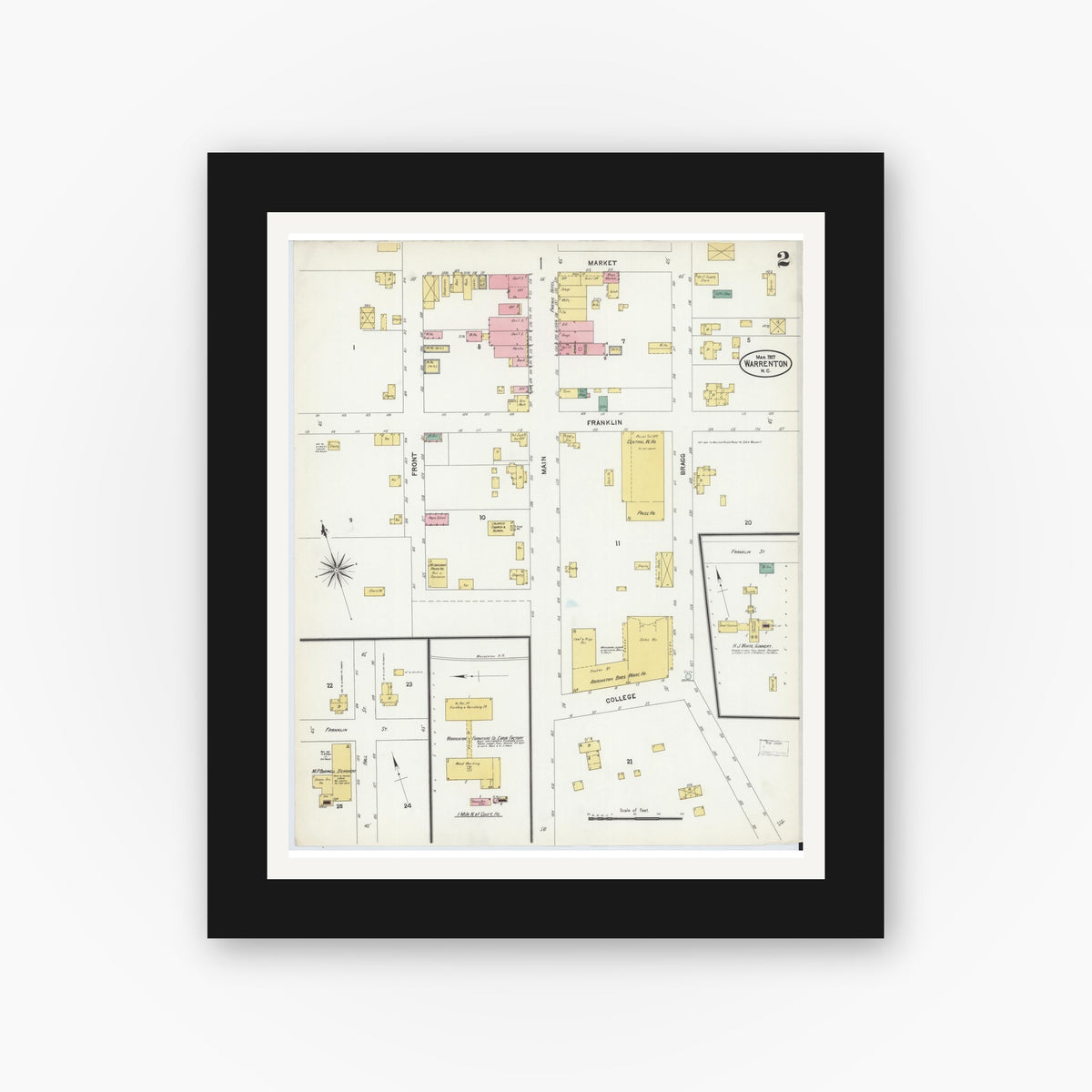 Old map wall art mockup — black gallery frame with white mat — Sanborn Fire Insurance Map from Warrenton, Warren County, North Carolina (1907), Sheet #0002
