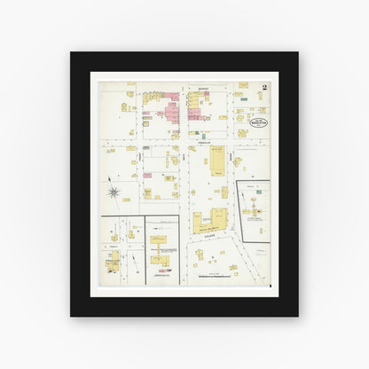 Old map wall art mockup — black gallery frame with white mat — Sanborn Fire Insurance Map from Warrenton, Warren County, North Carolina (1907), Sheet #0002