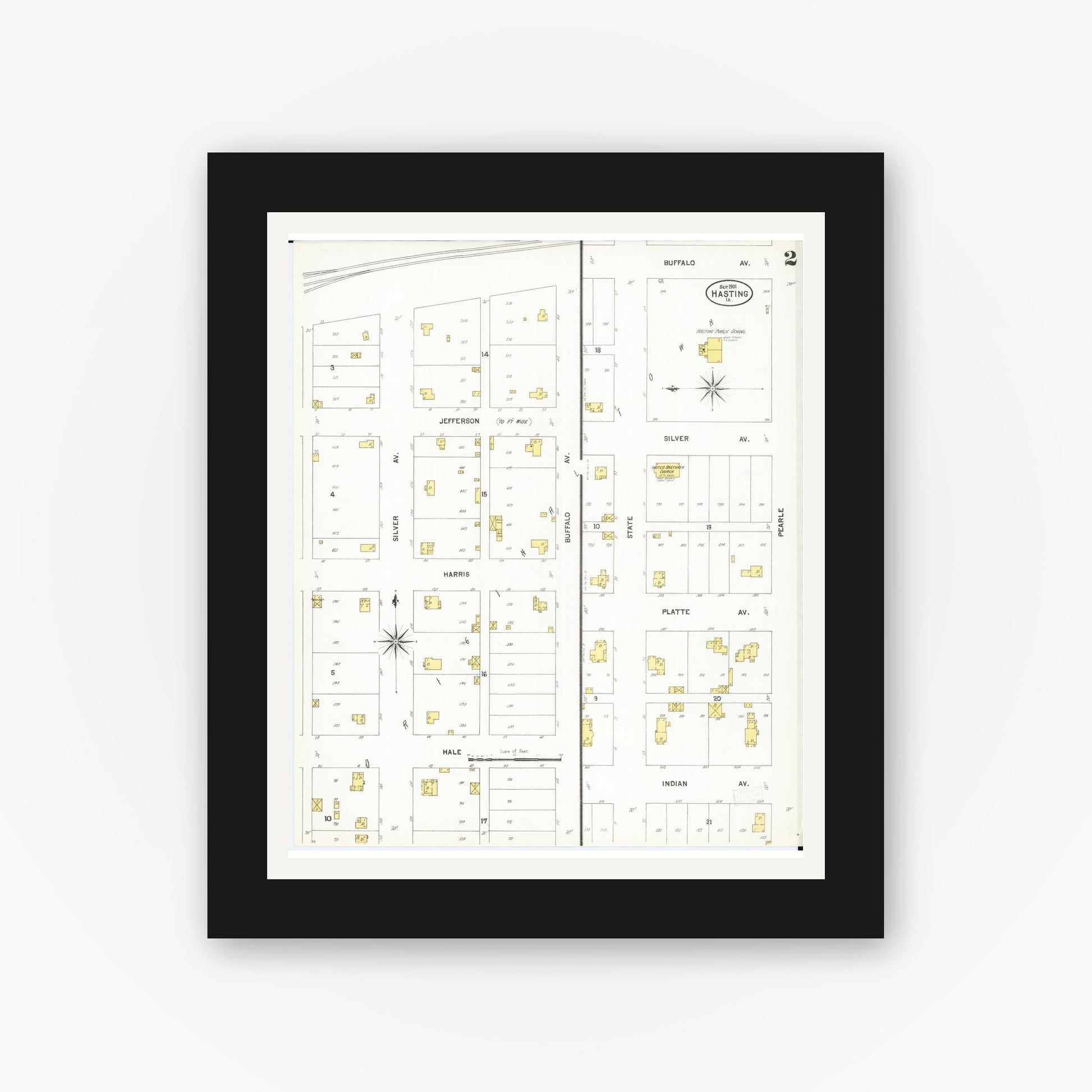 Old map wall art mockup — black gallery frame with white mat — Sanborn Fire Insurance Map from Hastings, Mills County, Iowa (1901), Sheet #0002