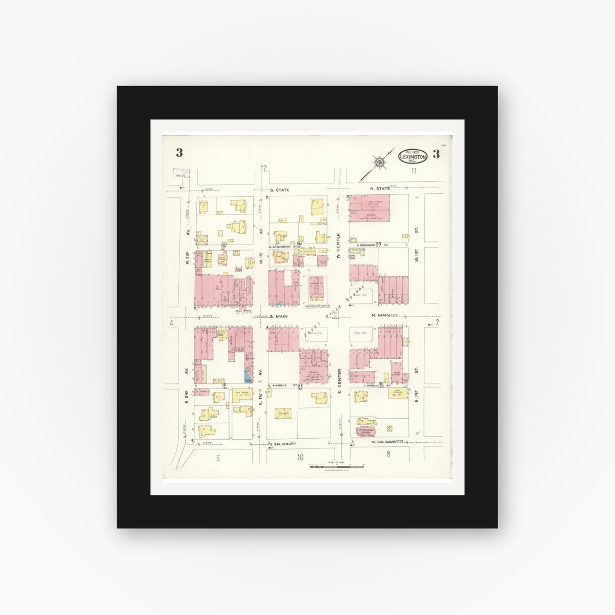 Old map wall art mockup — black gallery frame with white mat — Sanborn Fire Insurance Map from Lexington, Davidson County, North Carolina (1923), Sheet #0003