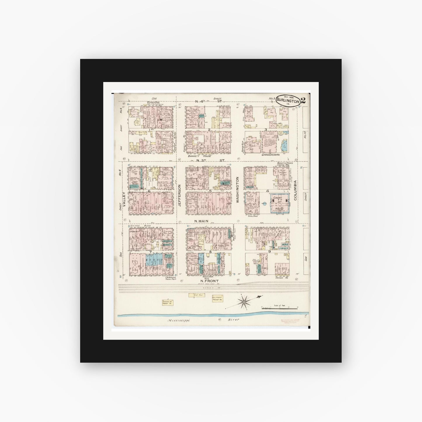 Old map wall art mockup — black gallery frame with white mat — Sanborn Fire Insurance Map from Burlington, Des Moines County, Iowa (1888), Sheet #0002