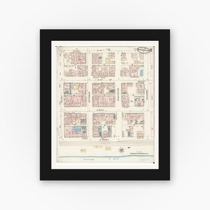 Old map wall art mockup — black gallery frame with white mat — Sanborn Fire Insurance Map from Burlington, Des Moines County, Iowa (1888), Sheet #0002