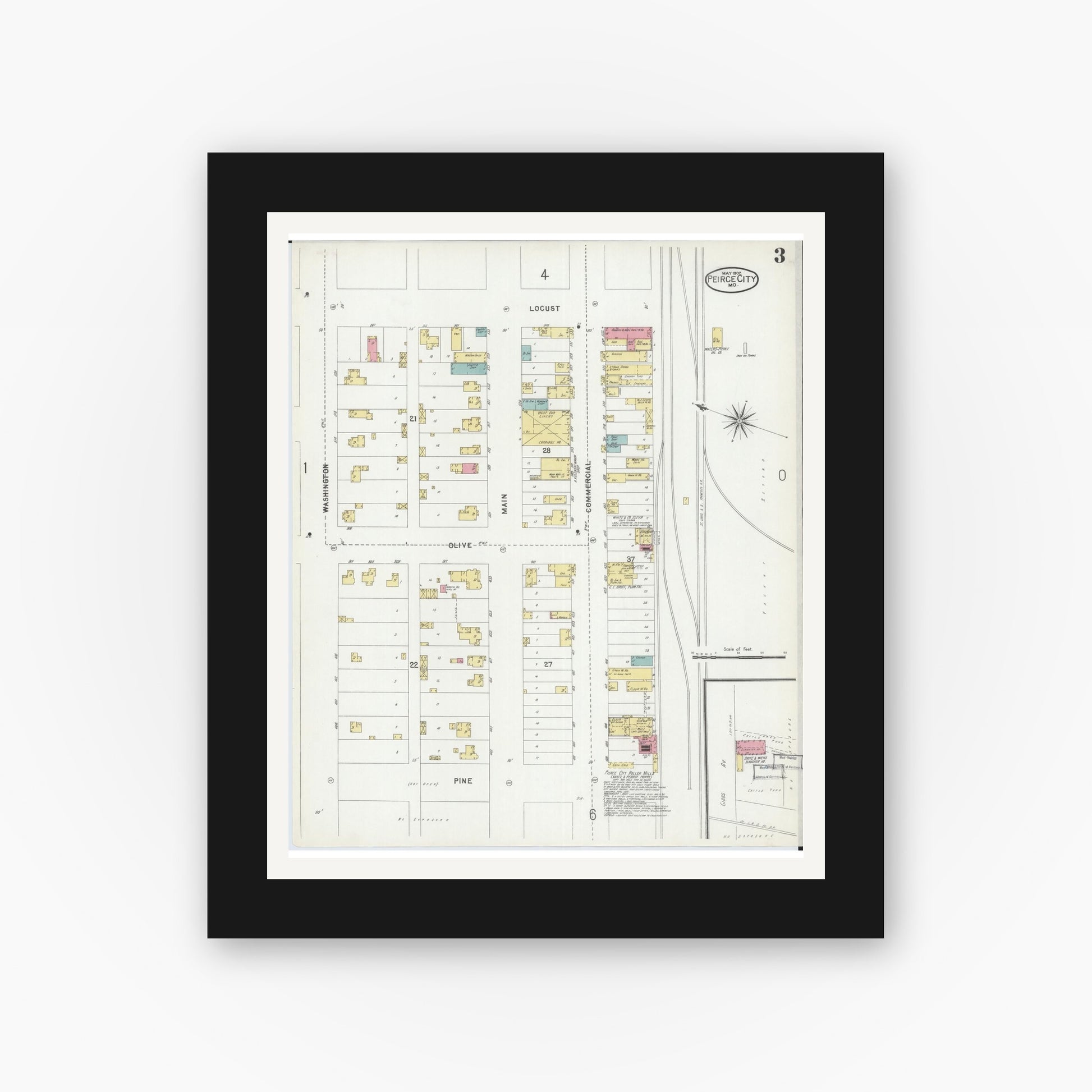 Old map wall art mockup — black gallery frame with white mat — Sanborn Fire Insurance Map from Pierce City, Lawrence County, Missouri (1902), Sheet #0003