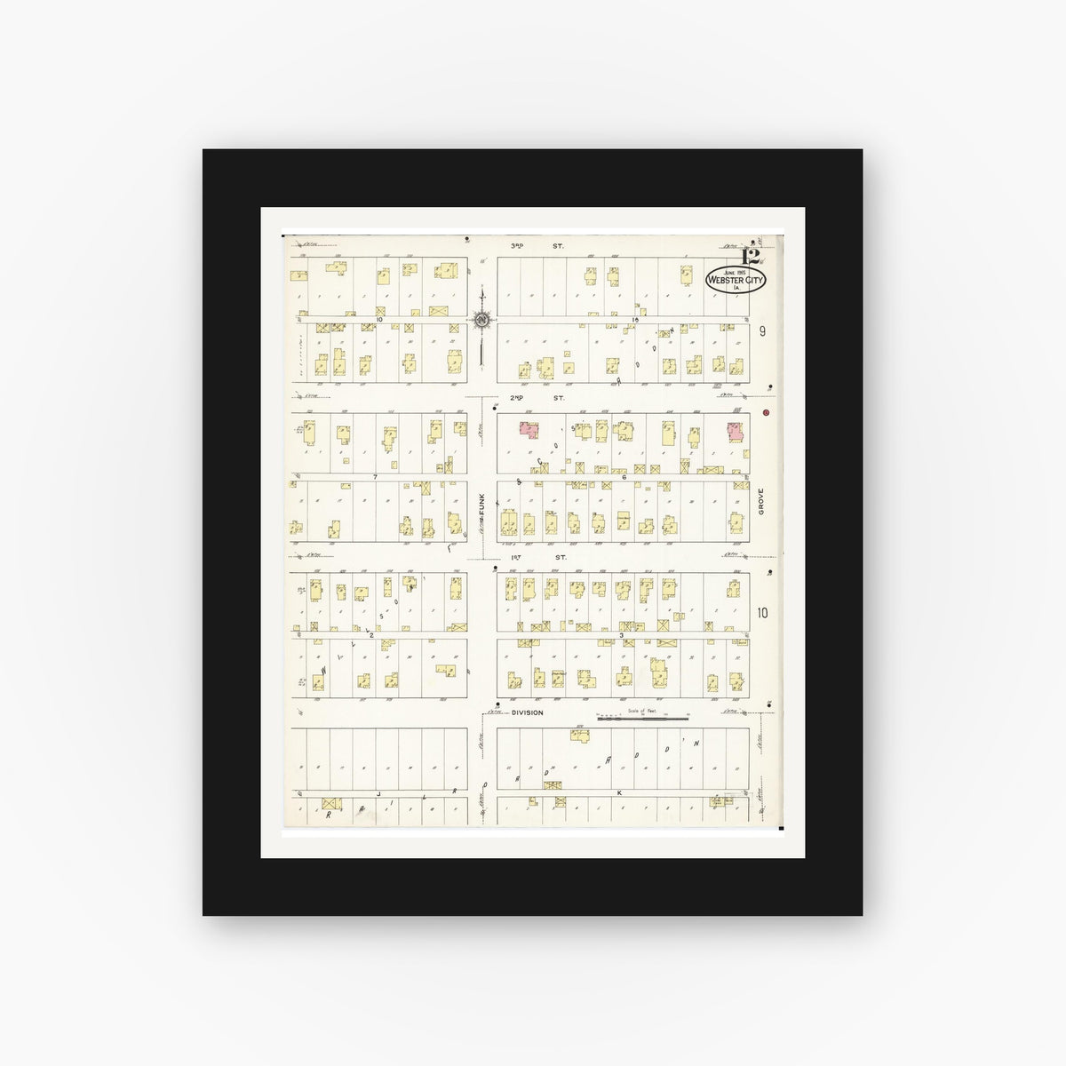 Old map wall art mockup — black gallery frame with white mat — Sanborn Fire Insurance Map from Webster City, Hamilton County, Iowa (1915), Sheet #0012
