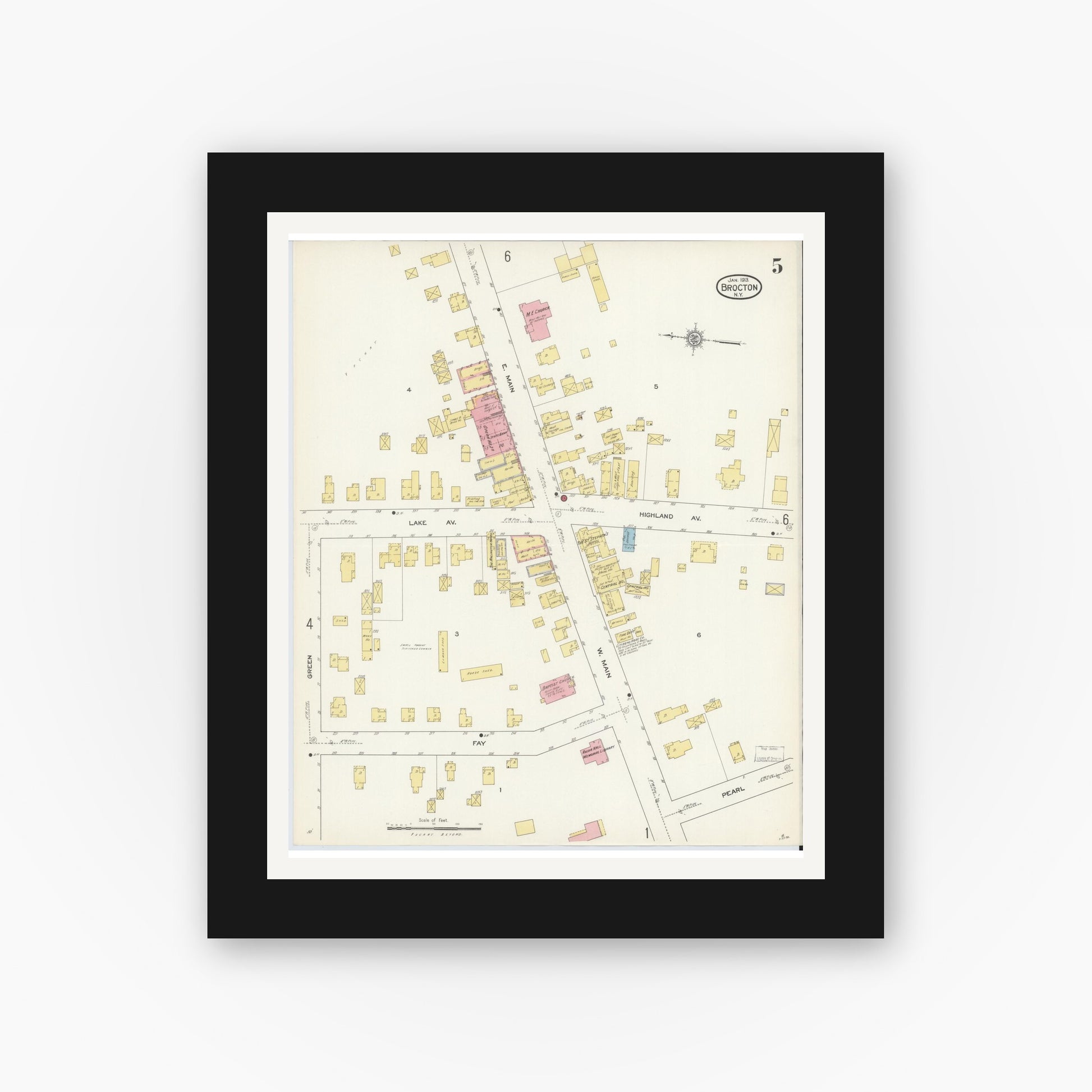 Old map wall art mockup — black gallery frame with white mat — Sanborn Fire Insurance Map from Brocton, Chautauqua County, New York (1913), Sheet #0005