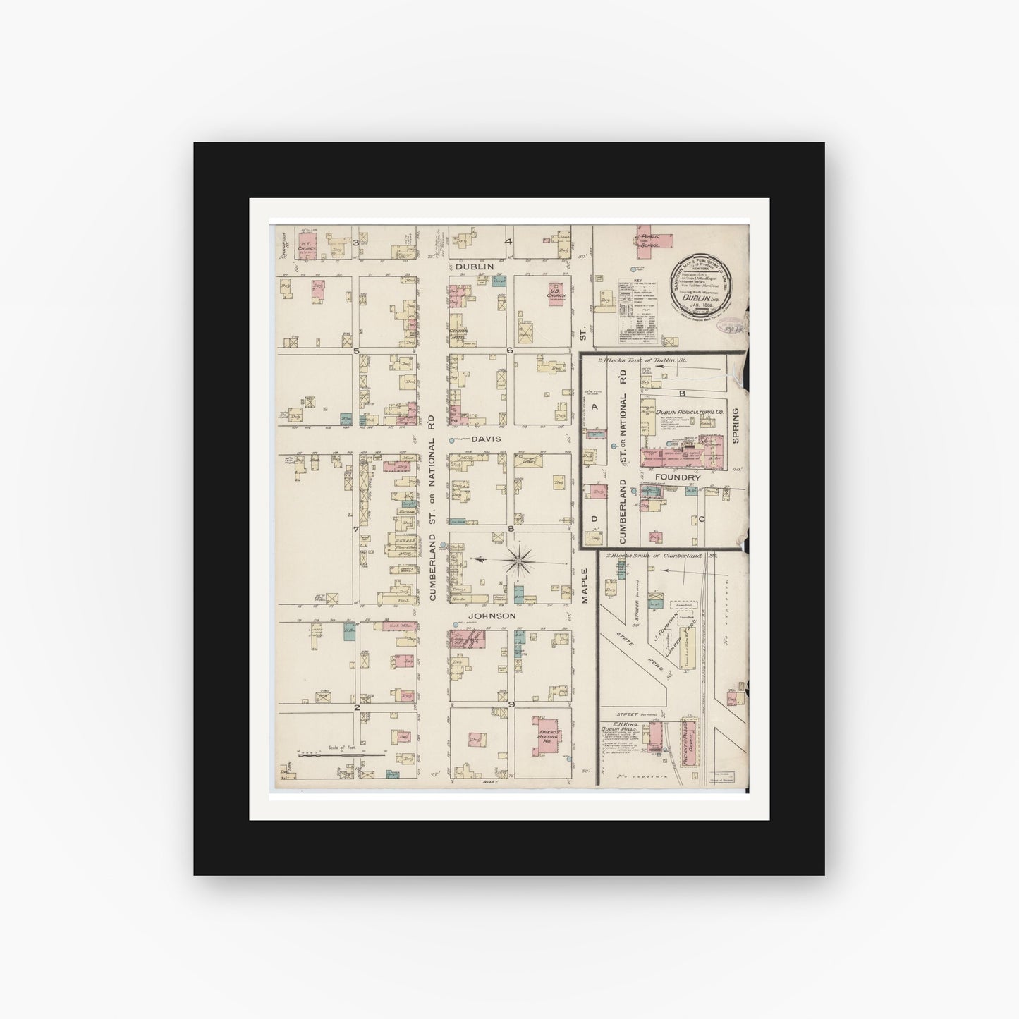 Old map wall art mockup — black gallery frame with white mat — Sanborn Fire Insurance Map from Dublin, Wayne County, Indiana (1886), Sheet #0001
