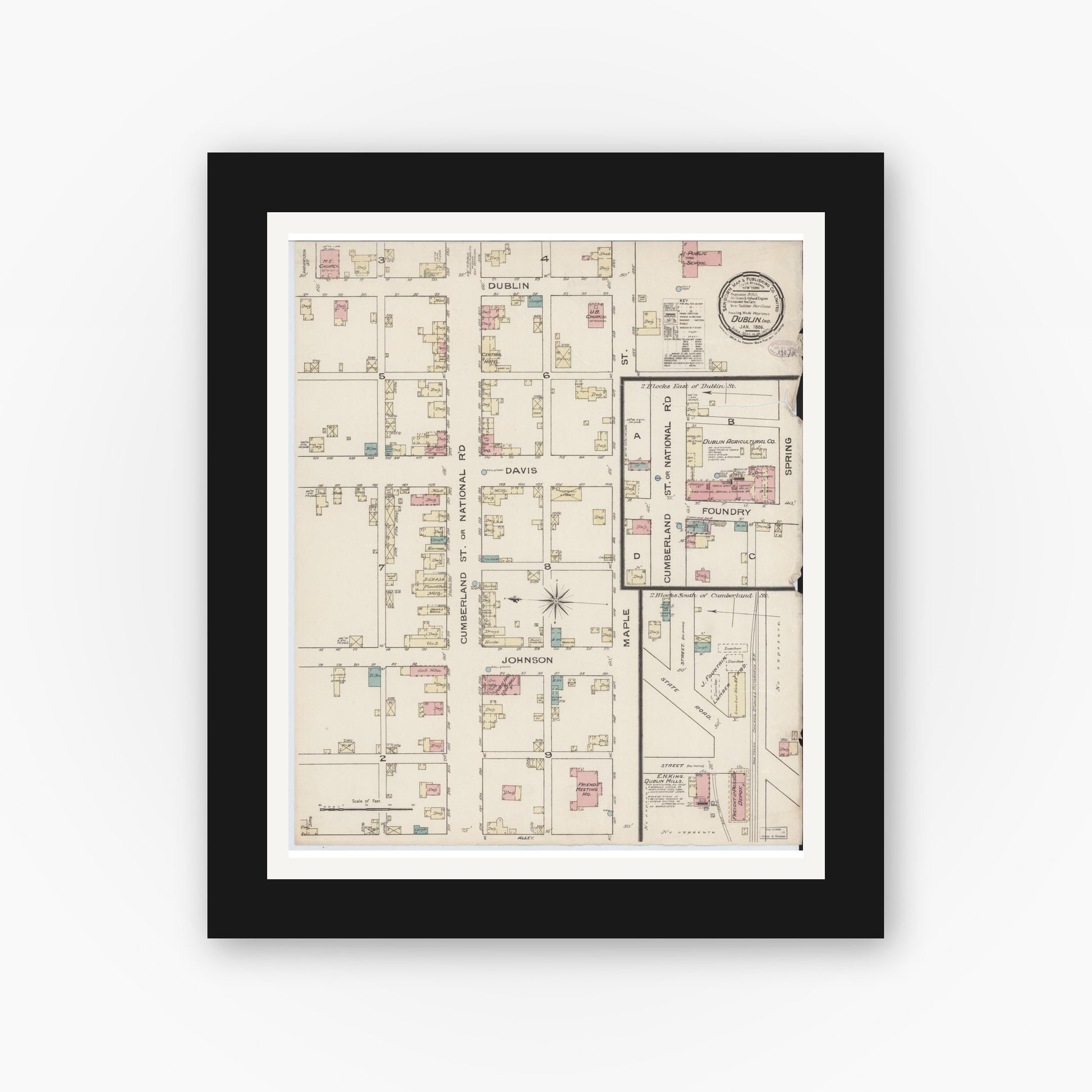 Old map wall art mockup — black gallery frame with white mat — Sanborn Fire Insurance Map from Dublin, Wayne County, Indiana (1886), Sheet #0001