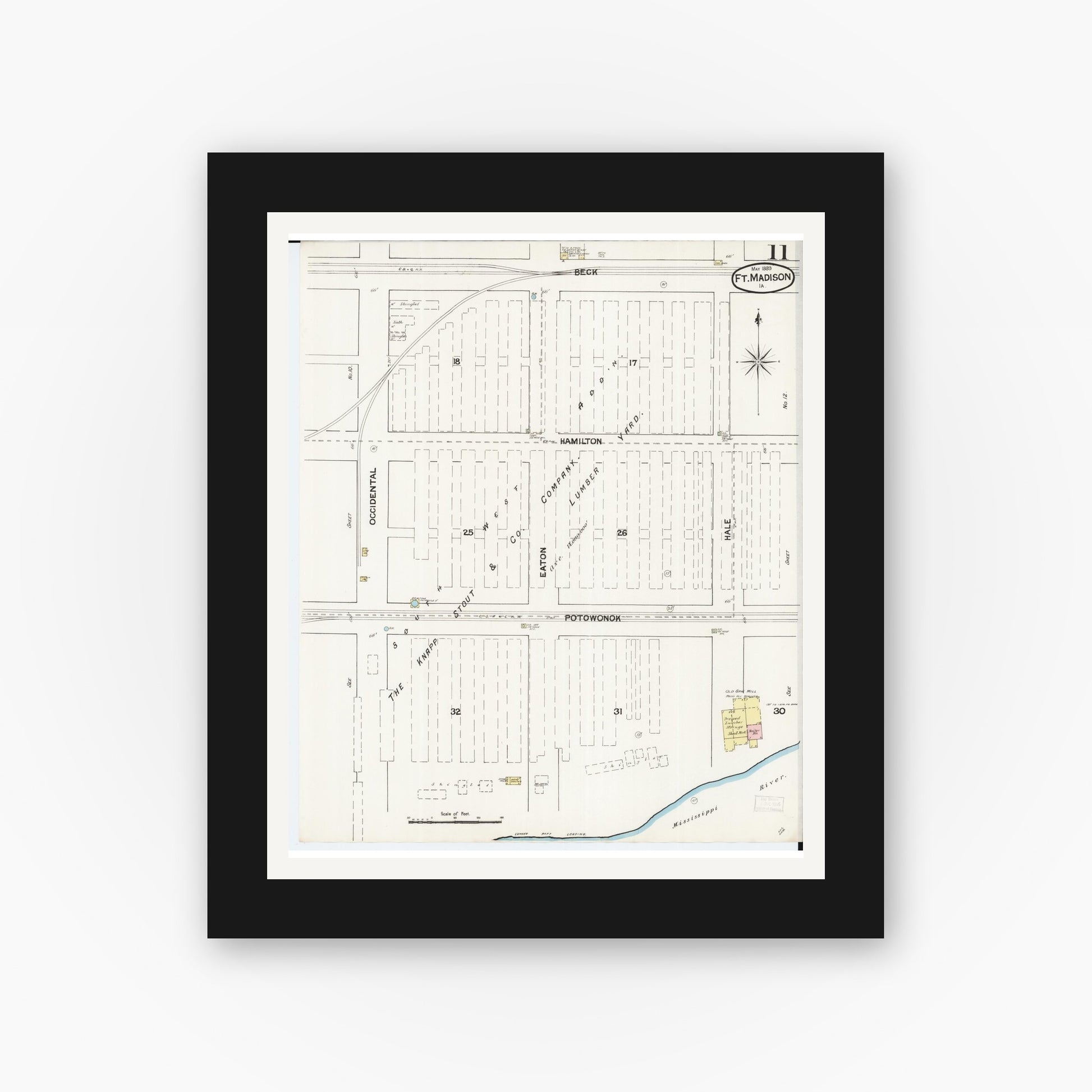 Old map wall art mockup — black gallery frame with white mat — Sanborn Fire Insurance Map from Fort Madison, Lee County, Iowa (1889), Sheet #0011